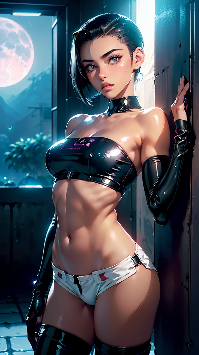 (((oaka_studio))), ((Best quality)), ((masterpiece)), (detailed: 1.4), (Absurd), Woman body set thick thighs parts of the covered by technological clothing, (((large breasts)) perfect, generous neckline, pastel, short blonde hair with red locks, short underwear, garter belt, futuristic sunglasses, sucking on a lollipop, short mini skirt, cybernetic hand, neon Genesis evangelion, by mucha, niji, near the real, best quality, almost naked, psychopath, crazy face, action pose, harlequin, cat eyes, starry night, outfit with drawing of a shark's mouth from the P40 plane of the second war, tattoos of an octopus on the arms, dark orange bra with white stars, stars covering the breasts, HDR (High Dynamic Range),Ray Tracing,NVIDIA RTX,Super-Resolution, Unreal 5,Subsurface Dispersion, PBR Texture, Post-processing, Anisotropic Filtering, Depth of Field, Maximum Clarity and Sharpness, Multilayer Textures, Albedo and Specular Maps, Surface Shading, Accurate Simulation of Light-Material Interaction, Perfect Proportions, Octane Render, Two-Tone Lighting, Wide Aperture, Low ISO, White Balance, Rule of Thirds, 8K RAW