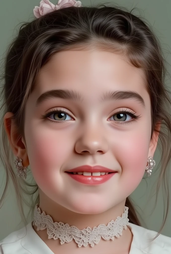 Baby with 12 months of life, brown hair, fair skin, realistic, with long hair stuck in a red bow, light brown eyes, red dress, 8k image, realistic human skin, real child image
