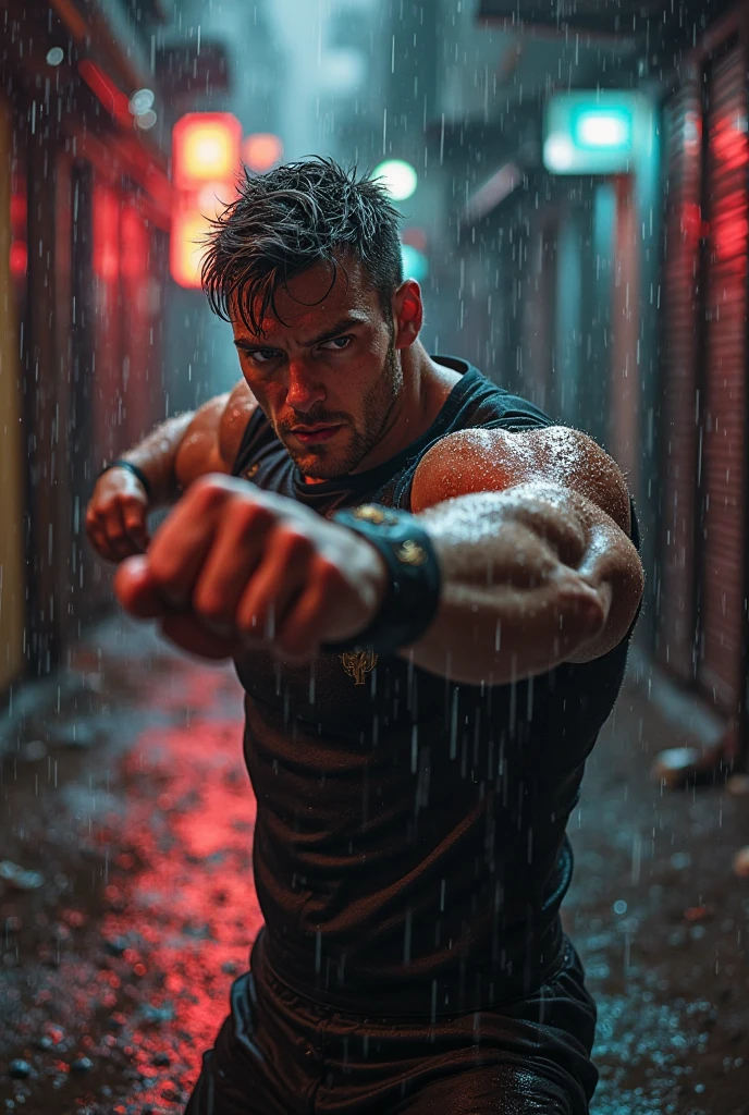 Bully fighting man in the rain,