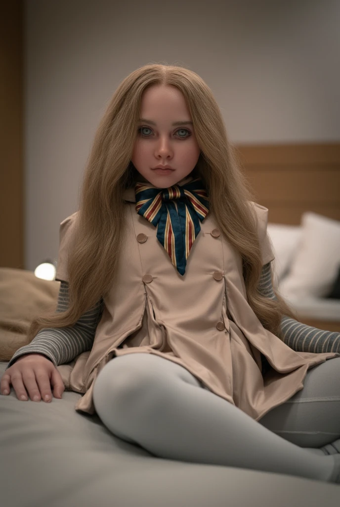 a girl, Kokoro((Darling in the franxx), photoreaalistic photo, 1 girl , dirty blond hair, long hair, hairban, side bangs, ((blue eyeblls) , UHD, retina, masterpiece, accurate, anatomically correct, textured skin, super detail, high quality, highres, award winning, high details, 1080P, HDs, ((15 year old girl)), wear a dark grey suit and a black vest, (( wearing a headban)).