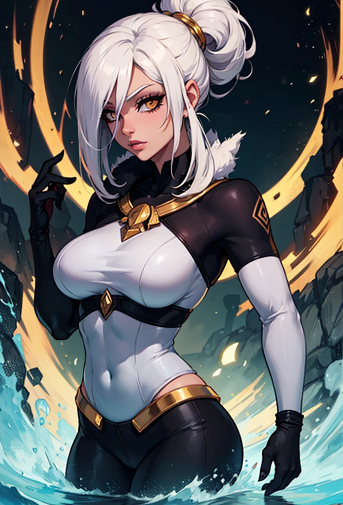 beautiful woman with beautiful thighs wearing black tights,saia curta e sueter branco apertado,ceu estrelado a noite em com predios de fundo eluminados,ela tem que esta em cima do predio,corpo inteiro na imagem,of thou art the head,super details on the hand and eyes,cabelos longos,cabelos pretor