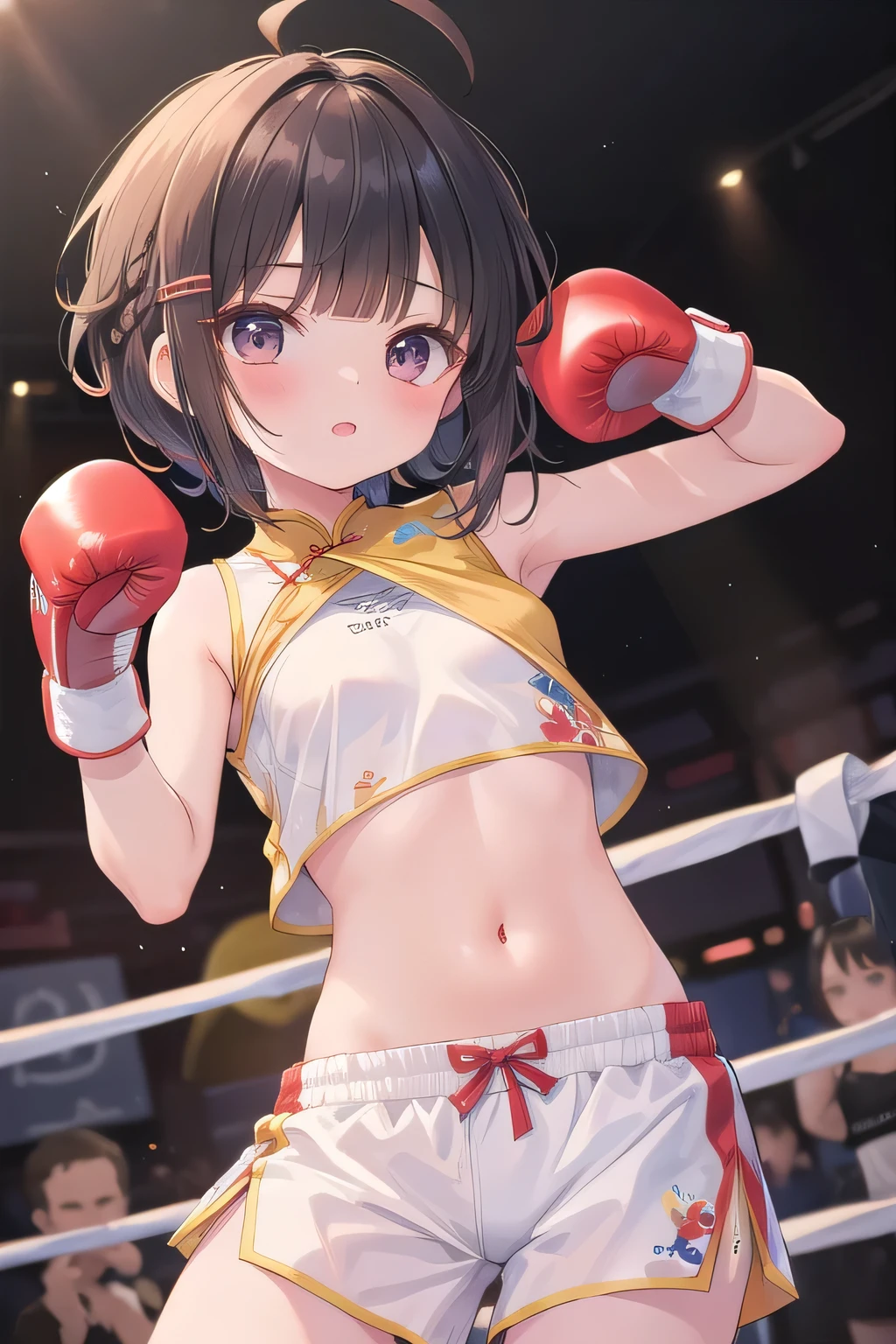 boxing、Teenage Girls、Young、(child:1.1)、belly button、cute、Shorts、boxingグローブ、Cat ear、Cat's tail