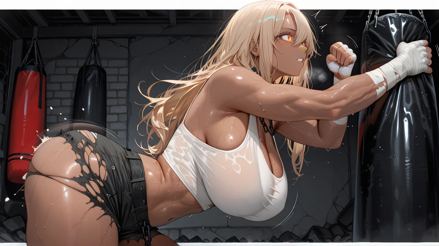 sensual, long blonde curly hair, thick thighs, 8k, 4k, highest quality, High resolution:1.2), cute anime face, noise reduction, ((shining blue eyes, gentle smile, kind eyes))、toned abdominal muscles, muscular arms, muscular legs, young face, anime eyes, (((big breasts、A chest that is about to burst)))、(((bondage style)))、(((Rear view、I'll turn around、emphasize the buttocks、T-back that digs into your butt)))、(((white calvin klein thong)))