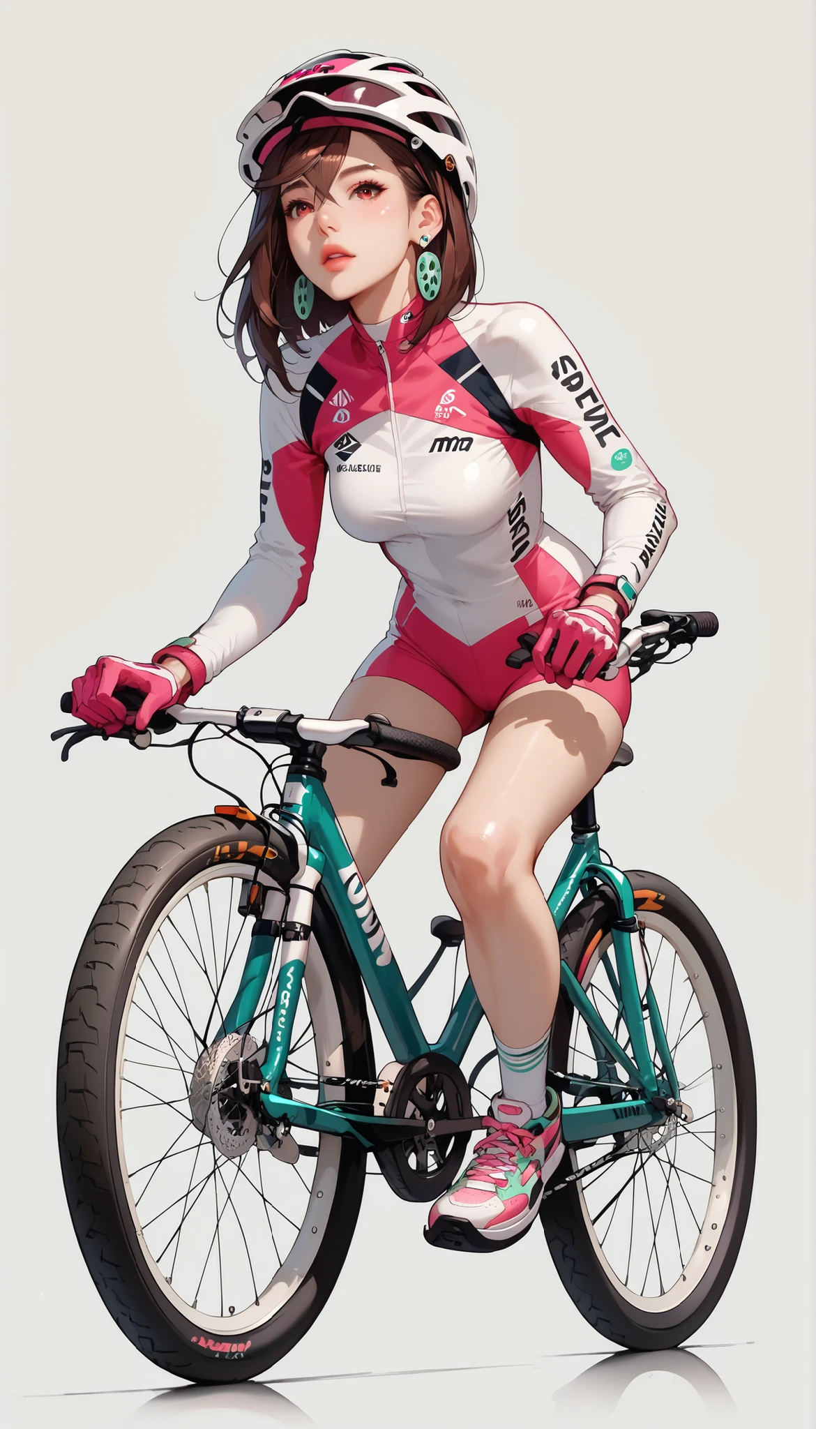 1girl, bicycle, pink bike jersey, pink bike shorts, ((tight jersey)), ((tight long sleeves)), blonde hair, fingerless blue gloves, ((tight gloves)), full body, gloves, short hair, shoes, socks, standing, solo
