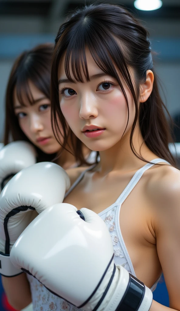 wide angle. １People Girls、20-year-old、Japanese、Beauty、Beautiful face、Cute face、bikini、Boxing gloves、Fighting Pose