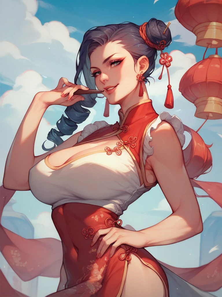1girl,  bangs, bare shoulders, bell, blonde hair, (blue eyes), blush, breasts, cleavage, (aletta ocean face),collar, (cow ears, cow girl, cow horns, cow print, cowbell, curly hair, drill hair, hands on hips)  fake horns,horns, (gigantic breasts),looking at viewer, print bikini, print dress, print legwear, print skirt, red collar, simple background (((1girl:1.8))), style, (Aletta ocean in gown), anime style, (((smoldering eyes))), ((Black hair:1.5)), 8k, 4k, Unreal Engine 5, (gigantic breasts:1.3), octane render, trending on pixiv,  ((intricate details:1.4)), fanbox, skeb, (((long sleeves:1.5))), masterpiece,(skindentation:1.4), ((decorated sleeve cuffs:1.3)), wide hips, (full lips:1.5), ((cleavage cutout:1.4)), (((boob spillage:1.2))), smooth soft skin, big dreamy eyes, beautiful anime wide eyes, soft lighting, concept art, digital painting,