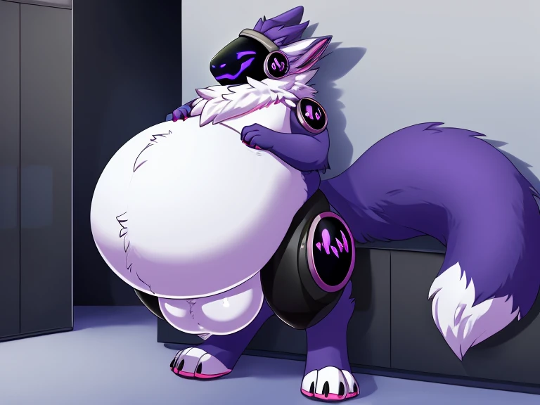 Score_9, score_8_up, score_7_up, protege, protogen face, female, light purple fur try body, cute purple tail, naked, in a clean laboratory, black thigh highs, solo:1.3, hyper detailed, unreal engine, she is standing, hearts for eyes, front view 1 week pregnant