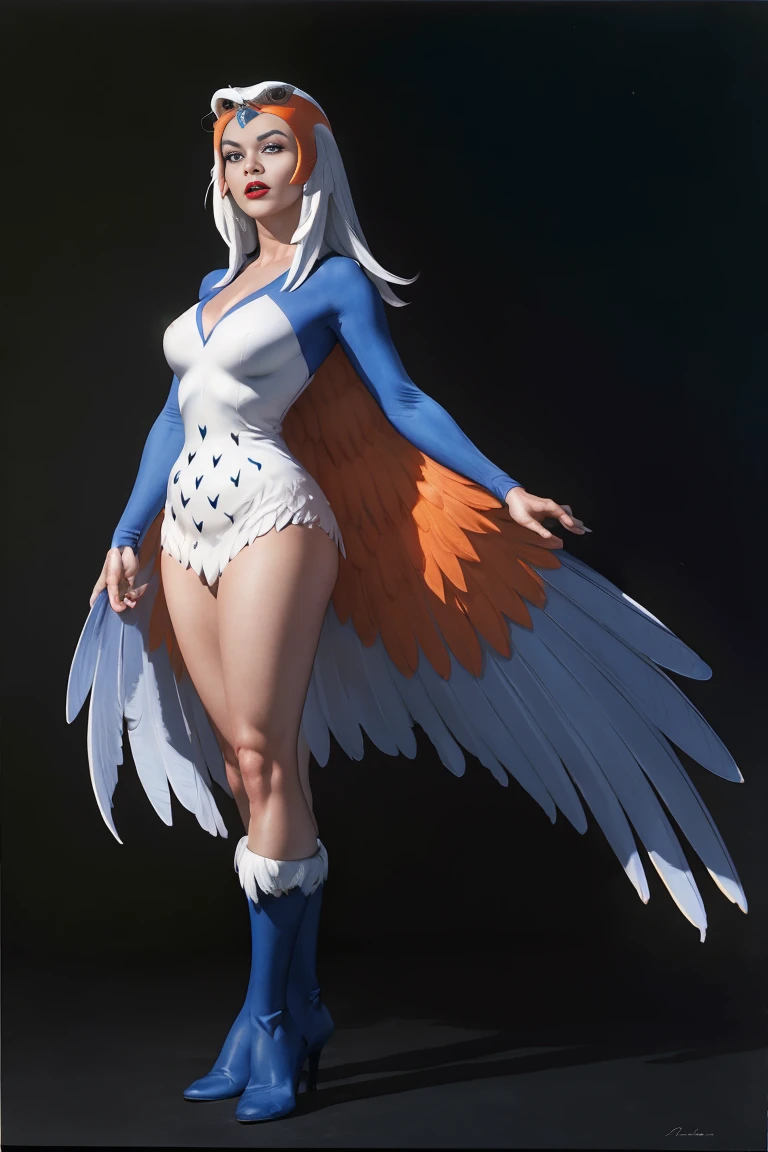 (((full body photo))), ((1girl)), full body, motu_sorceress, gorgeous woman, realistic, blue and white long sleeved v-neck bodysuit with feather detailing, eagle headdress, (orange and blue feather cloak:1.2), blue boots with white fur trim, (extremely detailed 8k wallpaper), masterpiece, best quality, ((intricate detail)), absurdres, ((perfect face)), ((perfect hands:1.3)), (soft smile:1.3), dynamic angle, dynamic pose, ((fantasy castle setting:1.2)), outdoors,