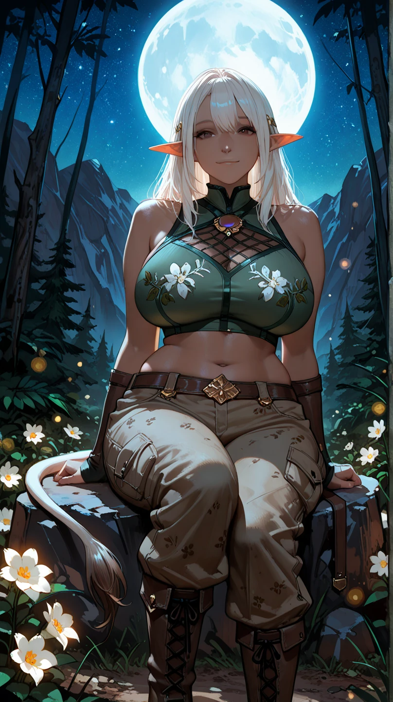 (photorealistic, cinematic, hyper realistic, 8k, top quality), (high details, extremely detailed, intricate), camera far shot, solo, (milf, mature, female, 50yo, 50 years old:1.2), (long white hair, wavy hairstyle), tall, curvy, (chubby), (thick thighs, wide hips, voluptuous, busty:1.2), (tight black leotard suit:1.2), (tribal tattoos), glowing brown eyes, intricate eye detail, seductive smiling, sexy pose, cleavage, (magic glowing dust), plains, river, mountains in background, stars, night, aurora borealis, realistic shading, ultra detailed facial features, intricate details 