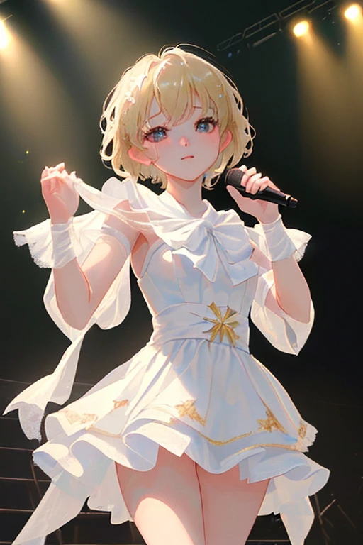 1girll, Solo, Best quality, Masterpiece , Ruby Hoshino, hair adornments, sparkle eyes, Stars on the eyes, (The star on the right eye:1), (dress:1.4), (Concert 1), be on stage,,space helmet, bubble helmet (Princess dress with too many decorations、Dressing clothes、jewels、Decoration has been removed、Flowers、Lace decoration、(bright stage:1.6),ruby hoshinobangs, blonde hair, (pink eyes:1.3), sidelocks, (symbol-shaped pupils:1.5), multicolored hair, side ponytail, holding mic,