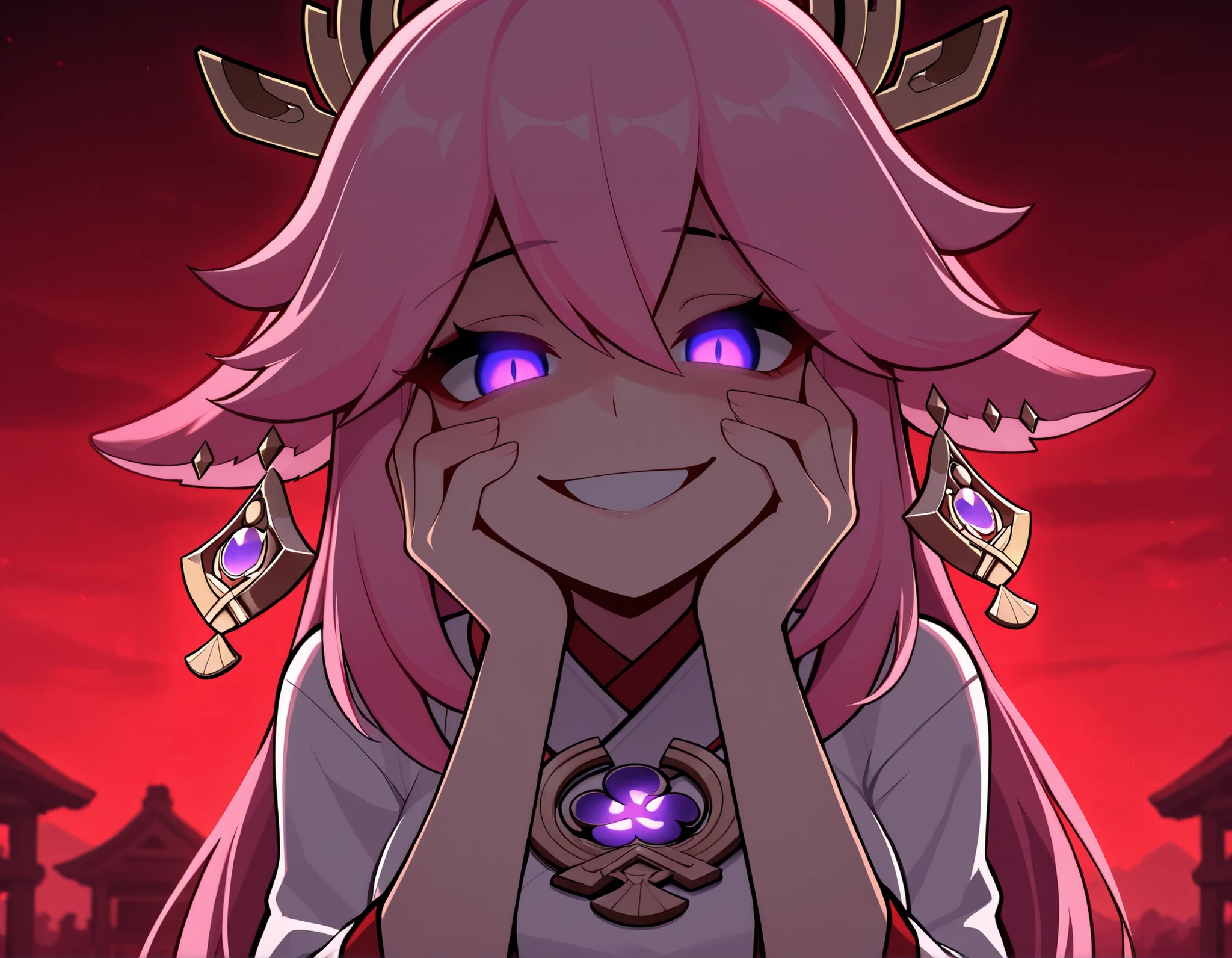 score_9, score_8_ up, score_7_ up, gwainsaga, 1girl , Yae Miko from genshin impact , older female , mature , medium breasts , glowing purple eyes, BREAK , shrine maiden outfit , crazy smile, smiling, yandere trance, yandere, hands on cheeks, looking at viewer, night, red sky, outside, upper body, Extreme close-up , mouth focus , masterpiece, best quality, amazing quality, {8k image}, highly detailed, anatomically correct.
