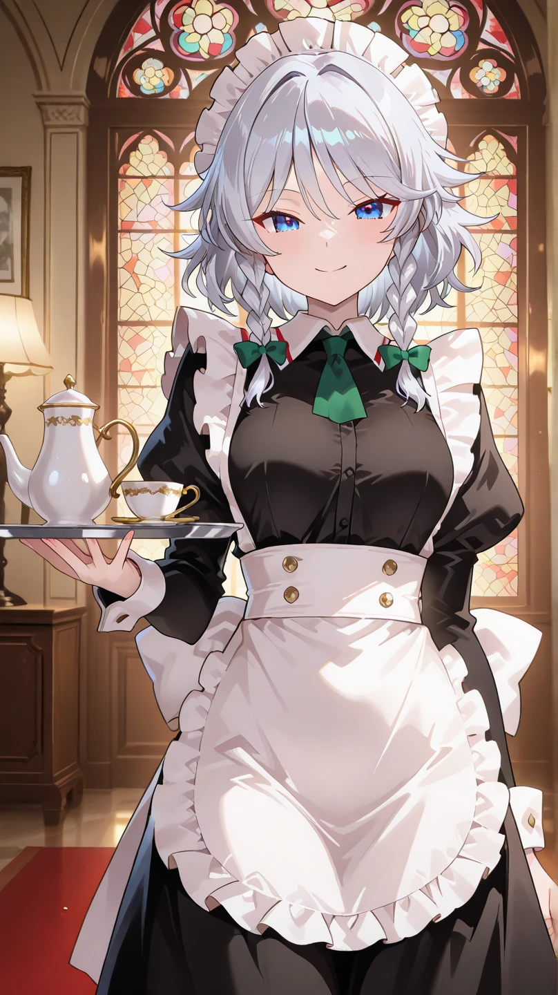 masterpiece、Highest Quality、high definition 、newest、detailed depiction、beautiful eyes on my stomach、delicate and beautiful face、Touhou Project、Sakuya Jurokuya、Izayoi Sakuya、silver-haired、 luxurious Western-style room、The tea set is placed on a luxurious stained glass、A tea set is placed on a silver tray、 objective point of view 、mischievous smile、maid clothes、