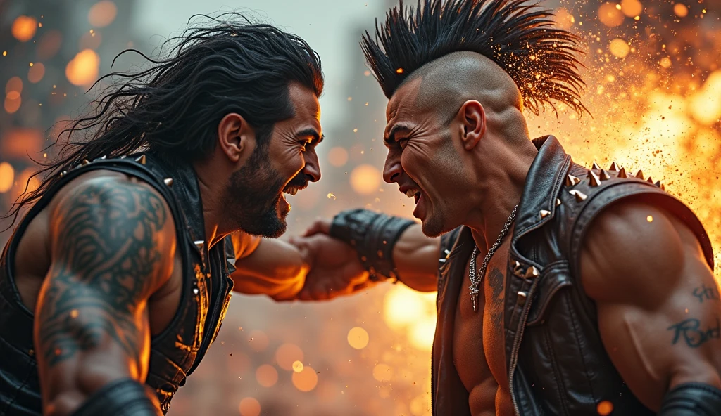 Crée-moi une image avec des bikers ce matin en duel à mains nues avec pour spectateur d'autres biker en moto style chopper avec des barils avec du feu et écris quelque part sur l'image Blood Ravens MC