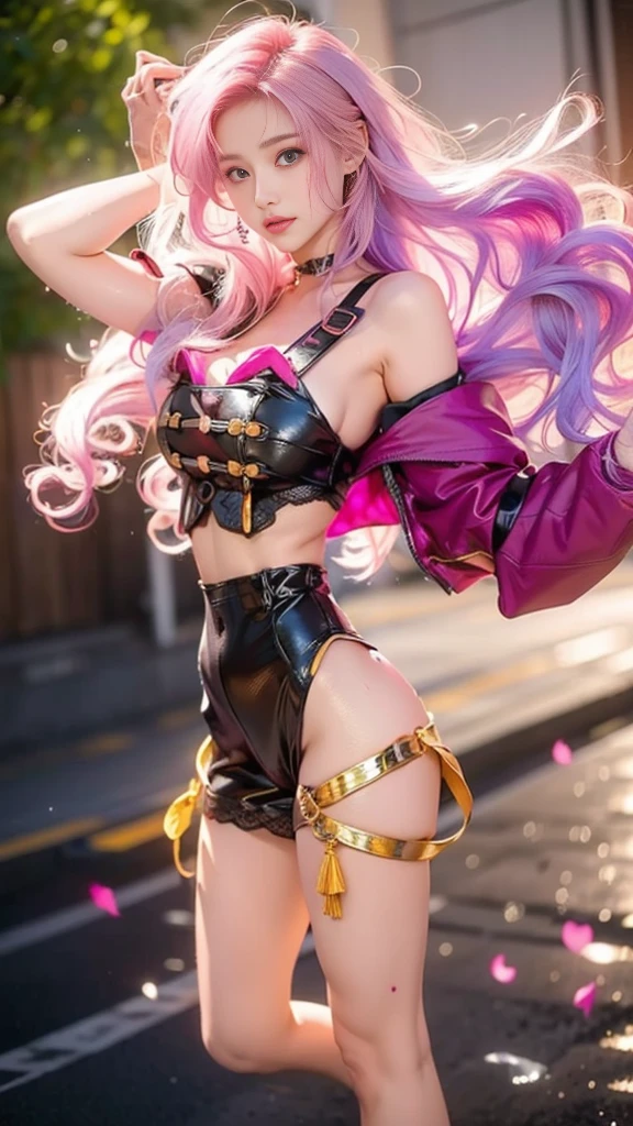anime style, a closeup of a cartoon of a woman with ears and rabbit tail, with rabbit tail, with rabbit ears, girl design, mara, portrait, giesha, anime image, long hair, pink hair, hair covering ears, happy, polished and powerful look, exotic, tall