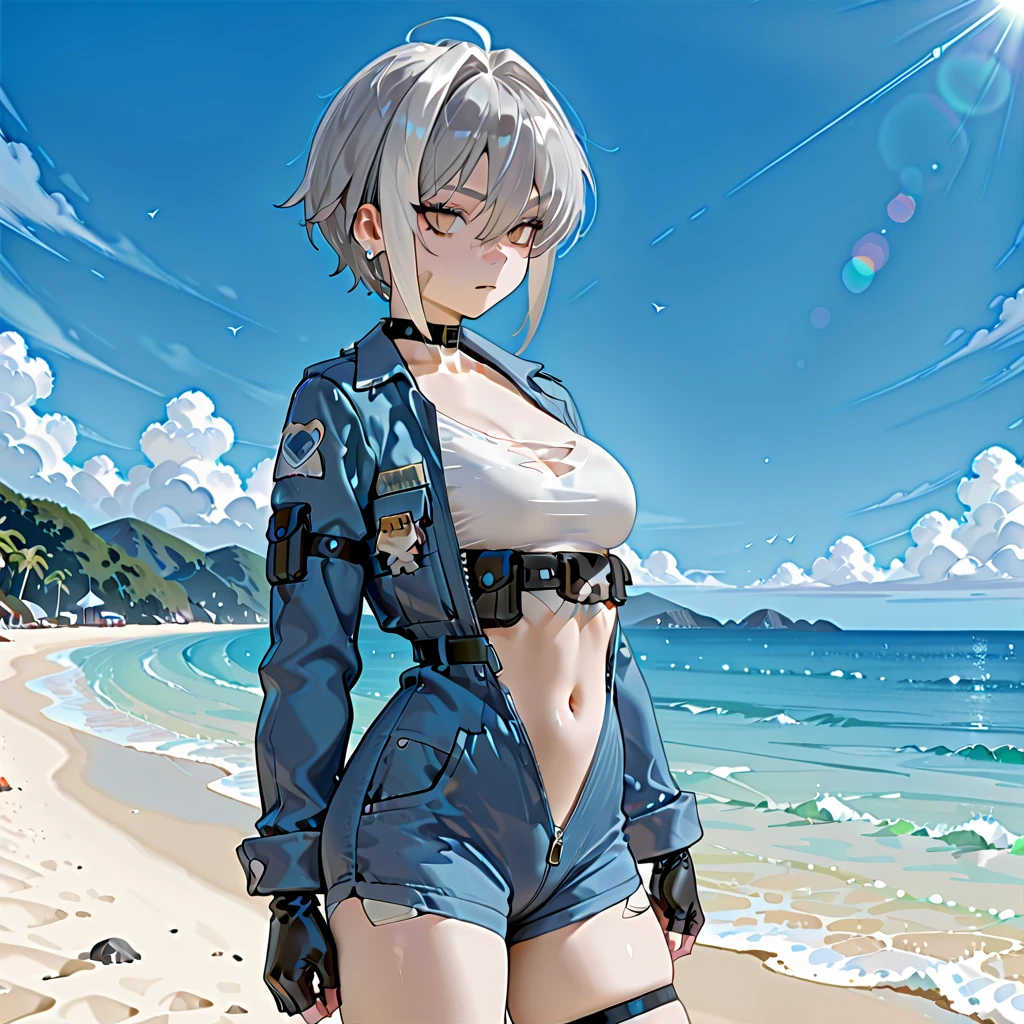 Toby Fox Undertale Sans Blue Jacket Bikini,Fire eyes, skull, smile, white short hair, glowing sexy keel cannon, standing on the beach, Super big breasts breast enlargement, looking at the camera