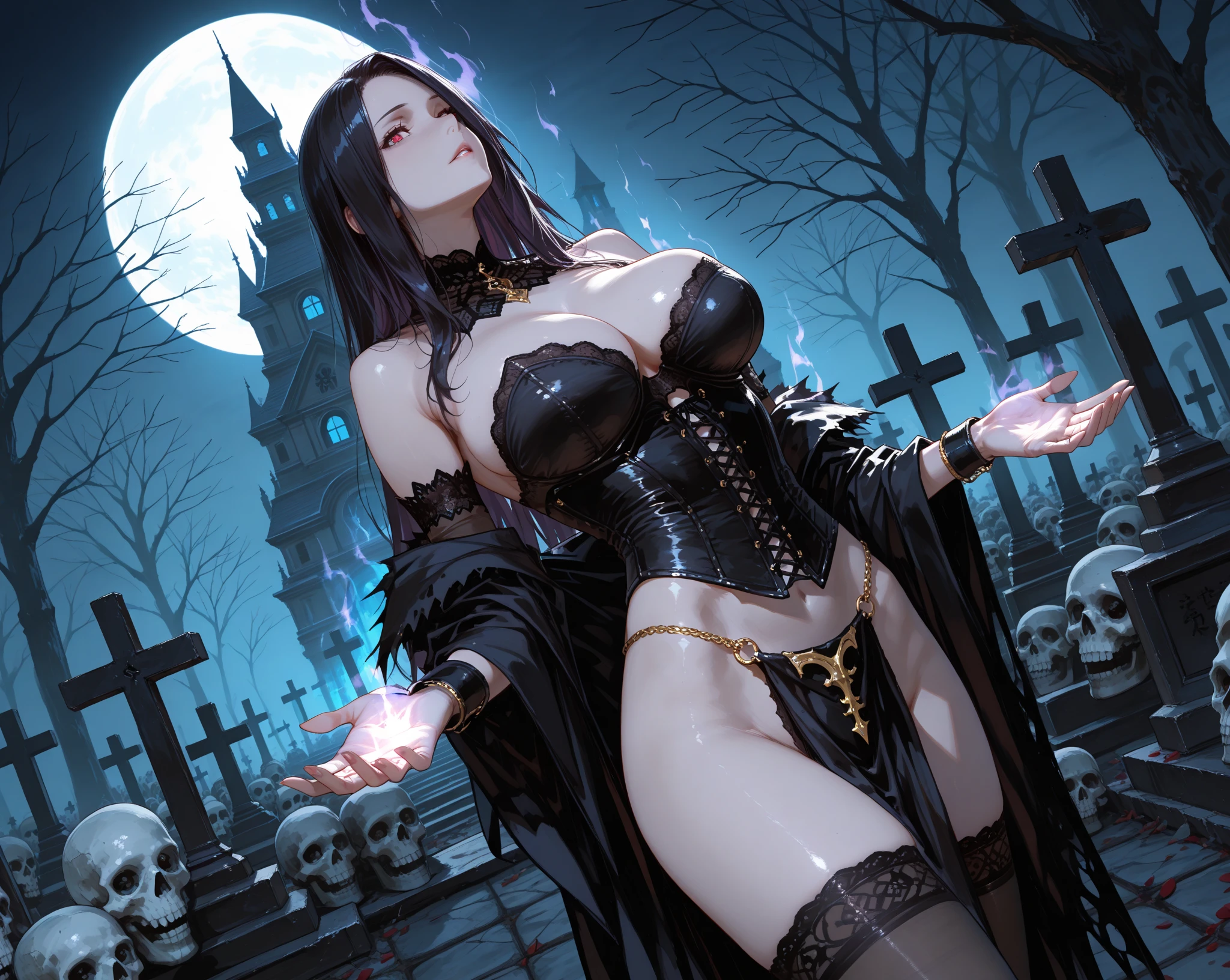 Best quality, Masterpiece, (Realistic:1.2), (1girll,Solo:1.6),A young woman, witch,unholy,Waist up, Middle Ages style, Gothic style,Detailed face, Detailed eyes, (detailed black hair:1.4),, Detailed skin,  (Detailed clothes:1.5),Cloak,view the viewer, Dramatic, vibrant,,  Dark environment of the Middle Ages,Castle,forest,(((Cemetery))),50 millimeters,F1.2, EOS-1D X Mark III,(full bodyesbian:1.2),(In the night),standing,(the complex background:1.6), (Heavy makeup:1.3),(Blood on the face:1.2),Dagger in hand，Bigboobs，stocklings，Full body like，Realistic fighting stance，hyper realisitc，big breasts exposed cleavage，Bare with thighs，Sexy expressions，Slightly open mouth，Enchanted，Vampires