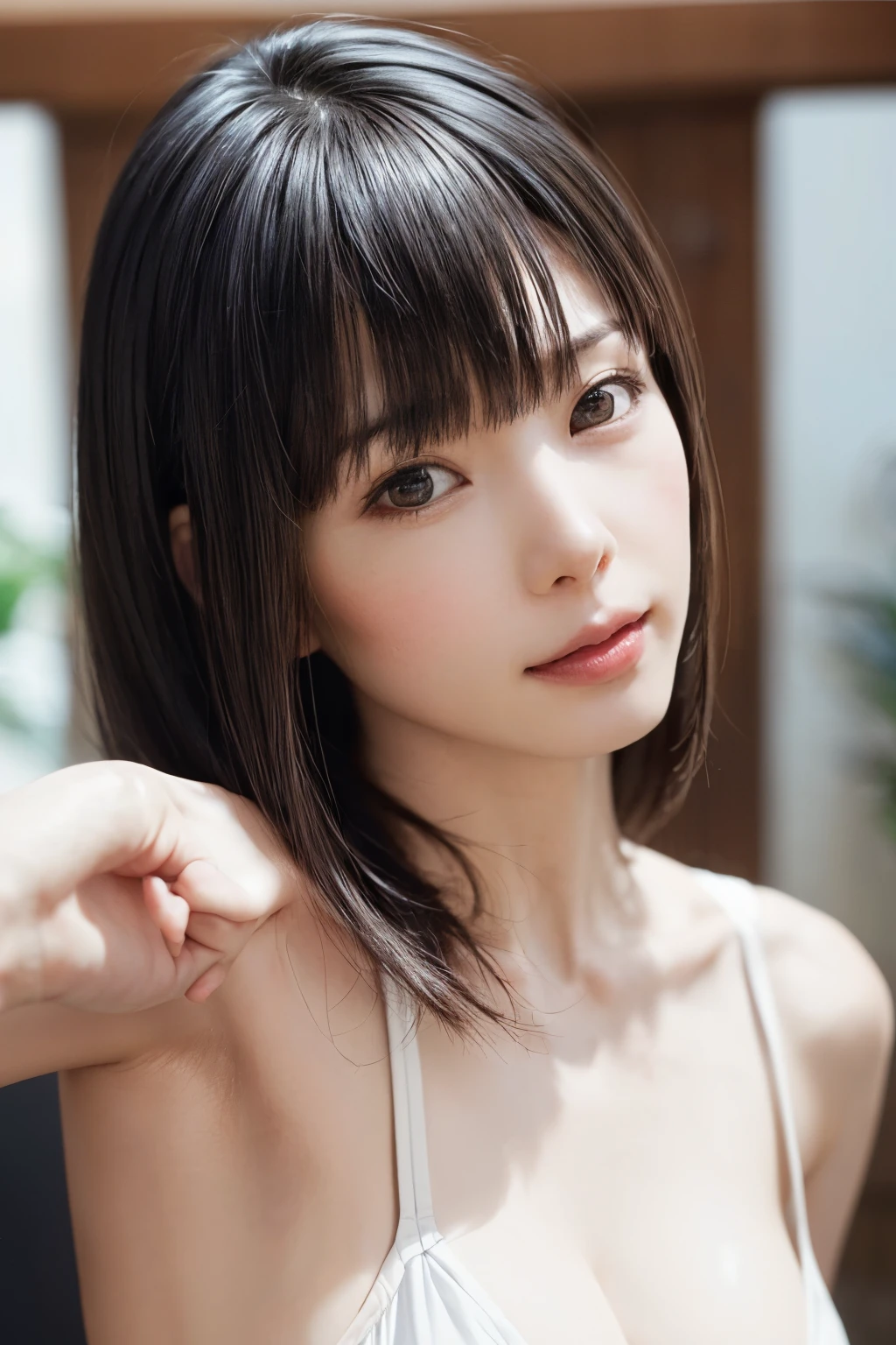 女の子1人、top-quality、realisitic、report、depth of fields、natural soft light、during daytime、魅惑的、beauitful face、Cleanliness、Pure face、de pele branca、cute hawk hair、bangss、the beach、rays of sunshine、Nedium Breast Body Esbian、((Beautiful face with sweater golden ratio Beautiful face with symmetry))、long neck、Put your ears out、bangssのあるきれいな短いボブヘア、Smile with your mouth closed:1.4、Smile with your mouth closed:1.4、perfect hand指、perfect hand、Perfect body、face perfect、Shine a light into the eyes、Perfect Anatomy:1.4、very cute super model:1.4