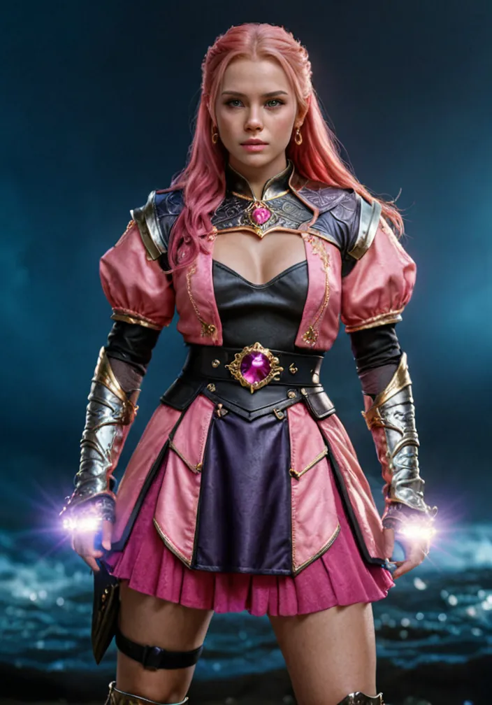 Amazing full body portrait of magical fantasy:Britney Spears,Three steampunk women in pink dresses and lace, The low-cut neckline accentuates femininity, Small ears, Brown hair, Ultra-clear face,Smiling happy, Dynamic pose, DnD, fantasy, Extreme detail, 4K, Ultra HD, trending on artstationh, Polished, Radiant, vibrant, Backlight, 8k ultra high definition, Unreal Engine 5 potions, intricately details, 3D video rendering