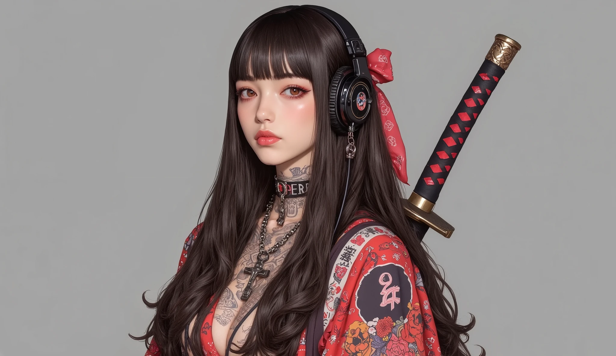 (masterpiece, ultra detailed,best quality,(((simple backgorund))), (((hip hop girl))), (((1 girl))), (((Flashy makeup))), (((Japanese style headphones))),((samurai sword at back )), (((kimono ))),(((TATOO))), beautiful girl, long multiCOLOR Hair, Delicate and precise,