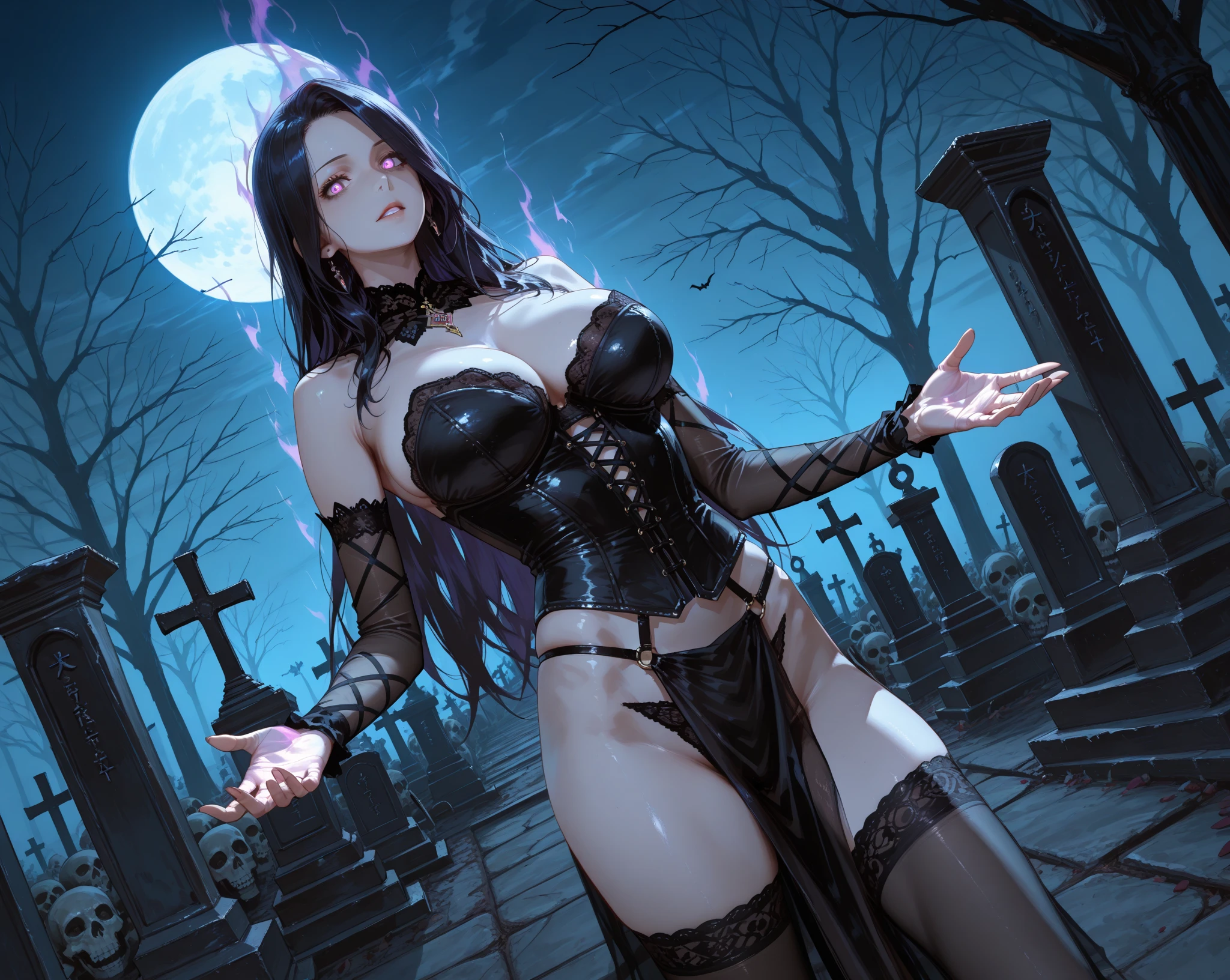 beautiful skeleton woman nude at the cemitery showing pussy, moon, bats, blue hair, happy face
