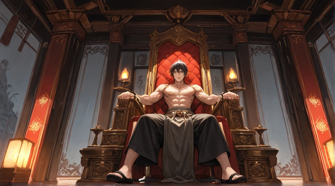 naked , big bulge , huge bulge, black thong ,alone, full body,smiling , muscular, huge muscle, big muscles, pectoral muscle , Boy , YOUNG , Lelouch_Lamperouge, black hair, purple eyes, hair between eyes , pokkuti , sitting on a throne, royal throne, sitting