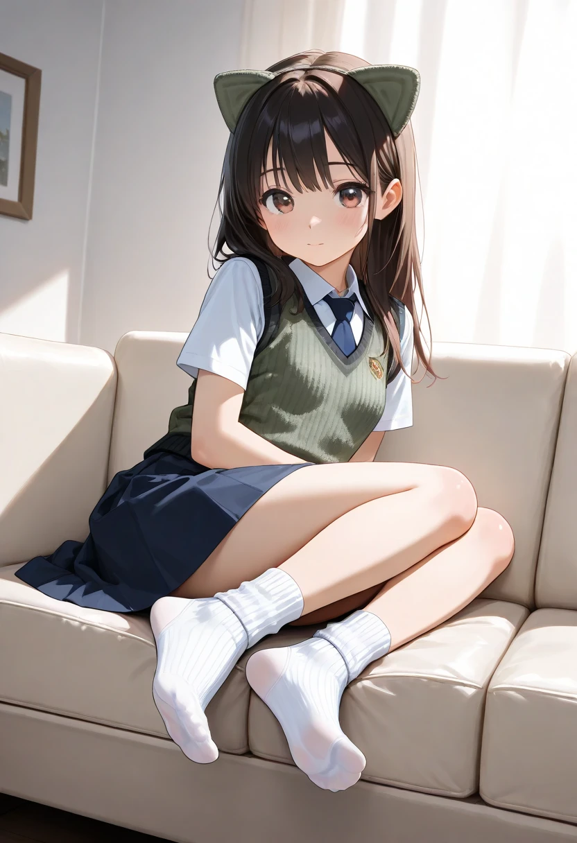 (((alone))),(((1 Girl))), beautiful, figure, Highly detailed skin, masterpiece, Highest quality, Highly detailed face, Vibrant colors, Depth of written boundary, Cinema Lighting,, One girl, alone, Brown eyes, Brown Hair, hair ornaments,short hair,Green Check Skirt,blush, White shirt, Green sweater vest,masterpiece Highest quality 高解像度、Anna Tanaka , Sit with your knees bent、eight-headed body、Beautiful feet 、On campus、As if looking up from below、Embarrassing,Browsing Caution,Blue Panties,Camel Toe