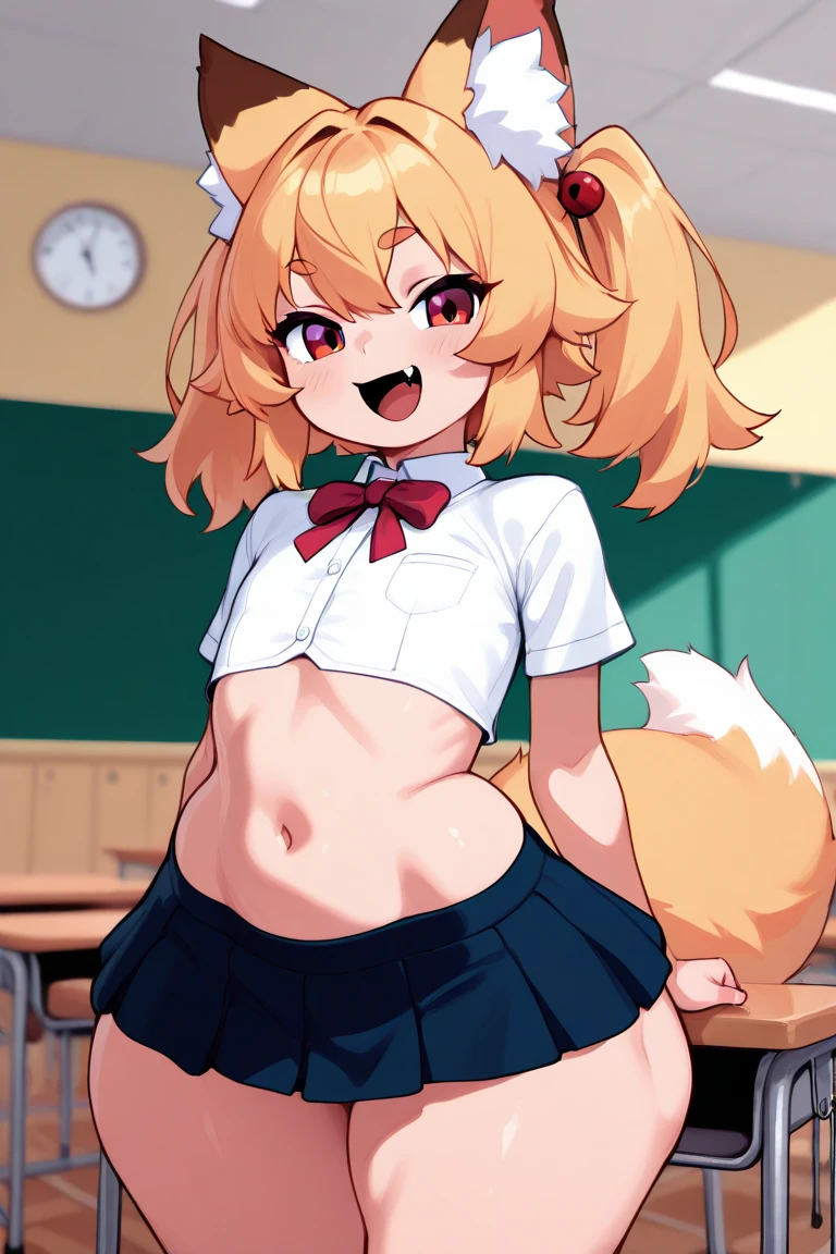 Super high resolution, detailed background, school cafe, joyful(kemono, furry anthro), naked, mascot boy, Kemoshota, kindergarten , mascot, sweat, sweat drops, tusk, tail, dynamic angle, navel, nipples, naked, cafe, bow tie, chef