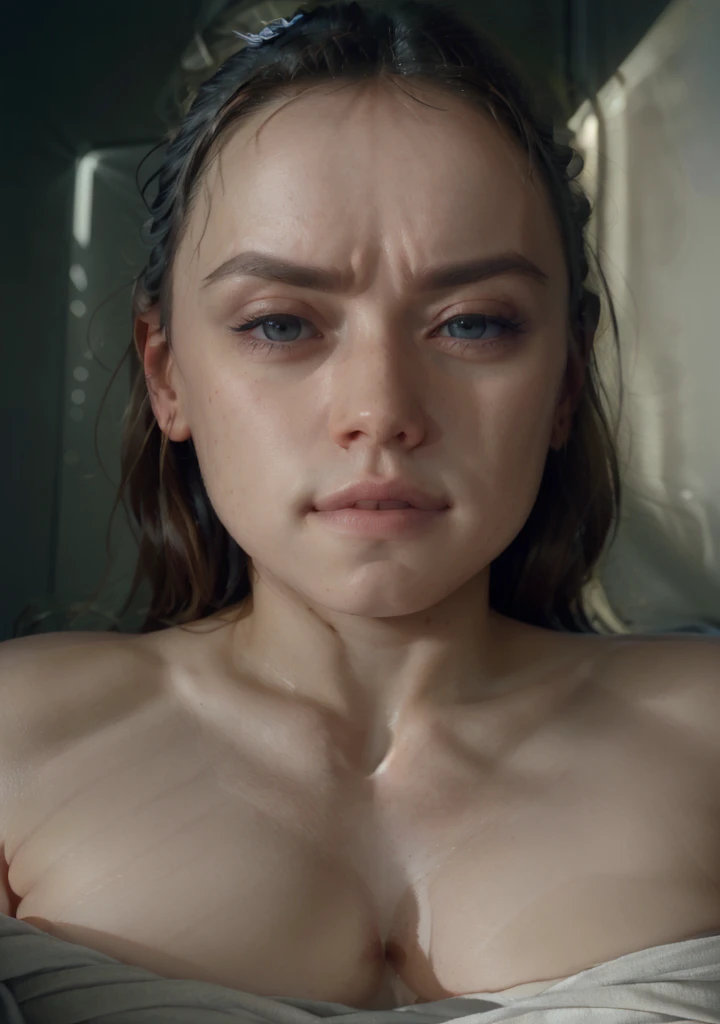 Daisy Ridley face, 1 13yrs old teen girl, Daisy Ridley as Rey Palpatine,
Realistic face,
Young teen Face,
star wars triple buns hairstyle,
Freckles on her face,
Light hazel eyes,
Star Wars Character Model,
Slim Athletic teen body,
Virgin's body,
Glistening shiny skin,
Toned Abs,
Small A cup Breasts,
Dark Areolas and nipples,
Naked,
Virgin's vagina,
Photo Realistic detailed vagina,
pink Labia, Detailed labia;
"Kneeling in the rubble of a destroyed building, Rey's shoulders slump in defeat. Blood trickles from a cut on her forehead and dirty, reflecting the intensity of her recent fight."