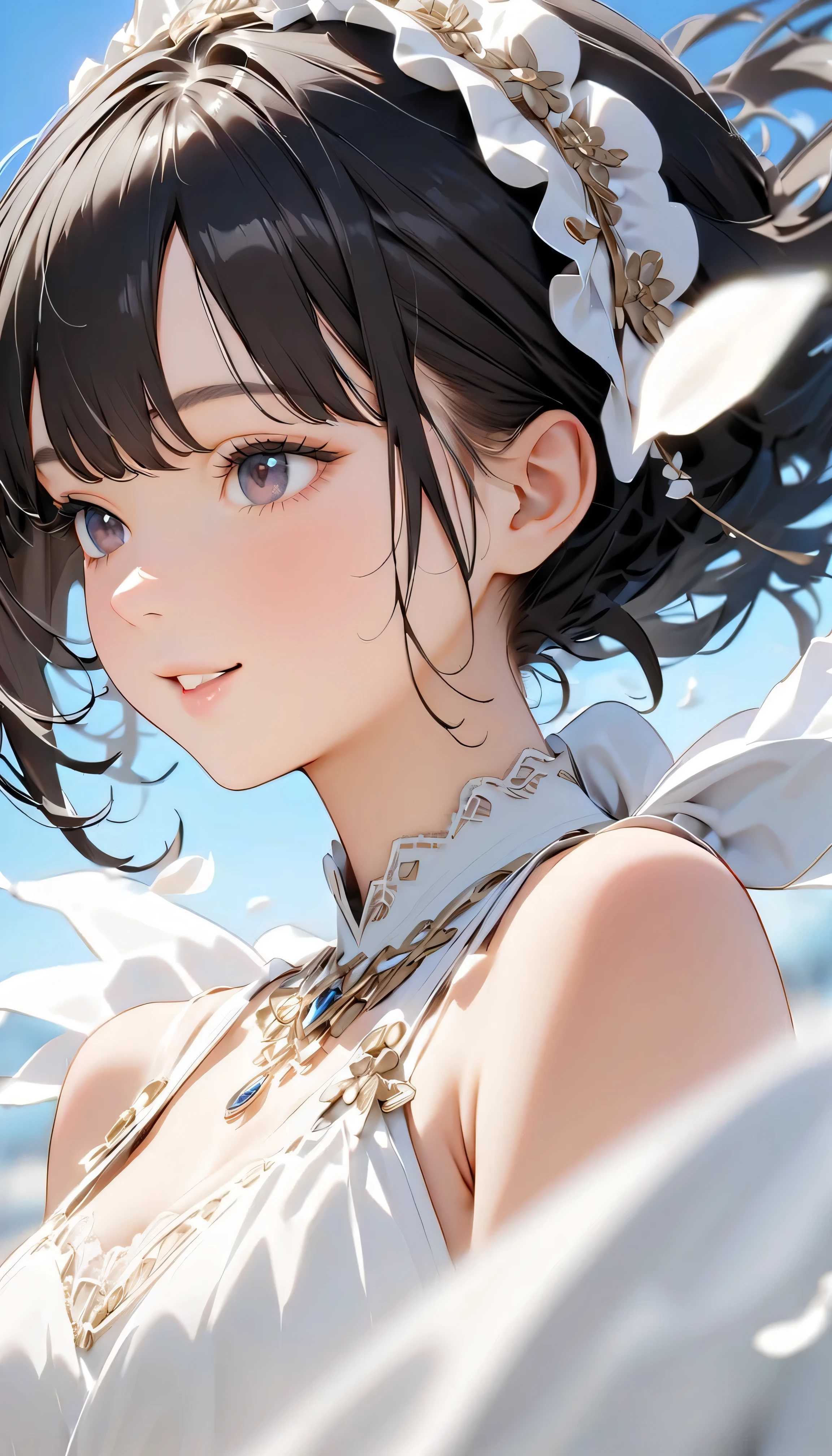 (Highest Quality:1.2, 非常にdetailsな, newest, Highest Quality, Best Aesthetics), 8K Ultra HD, 非常にdetailsな, details, bold configuration, (perfect human structure), beautiful and very delicate texture, (masterpiece:1.2, Highest Quality, Best Aesthetics, wind), (white petals dance:1.2, fantastic blue sky background:1.4), (shallow depth of field:2), windでwhite petals dance, delicate and dynamic, (Light reflection:1.2), (Halation of light:1.2), Romantic and sweet style, コンセプトアートwind, Blessed Virgin Mary white dress, bright light, Beautiful World, New World, accurate, dynamic angle, angel, 1 woman, upper body shot, black hair, , dark eyes, young, textured skin, shiny skin, charming smile, Girl Beauty , Miraculous Beauty Symbol, ((( white dress with lavish embellishments:1.2))), 2.5d, realistic