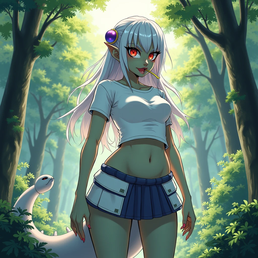 ((women, of different sizes,((bandages on their breasts, mini skirt, small breasts,((very long black and white hair, black and red eyes, hopeless face)),((standing, 1 arm behind back)),in a haunted forest, at night,