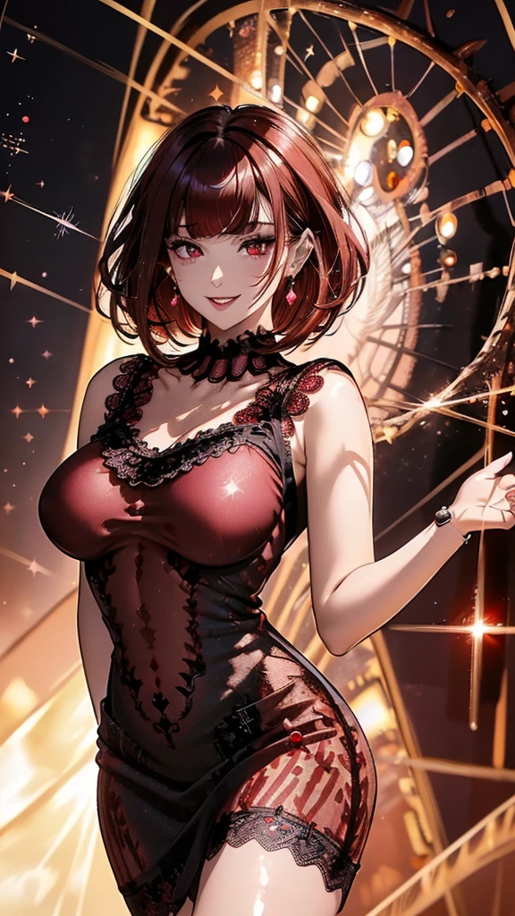 (Extremely detailed CG unit 8k wallpaper, masterpiece, best quality, super detailed), (best lighting, best shadow), 45 year old Spanish woman, Mature, square face, Put 1 red rose on the neck of the necklace, Wearing a black lace dress with red, gold earrings, Maria Padilla-like features, (highly refined skin: 1.2), Medium Brown Loose Hair with Lights
