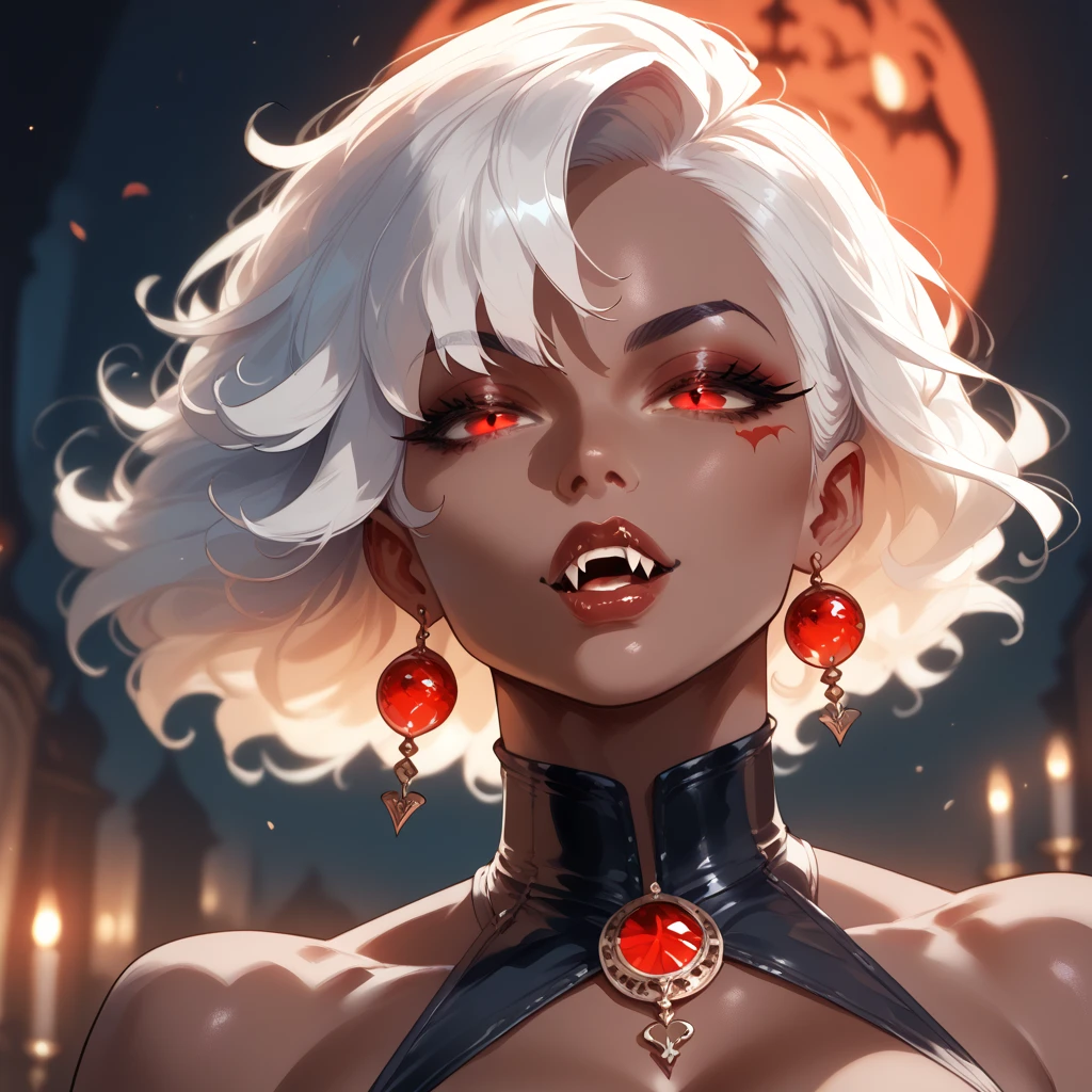 (beautfull woman), (white hair), (Eyes red), (A vampire), (black velvet dress), (series), (super verbose), (high qualiy), (flat hair), (Starry sky).