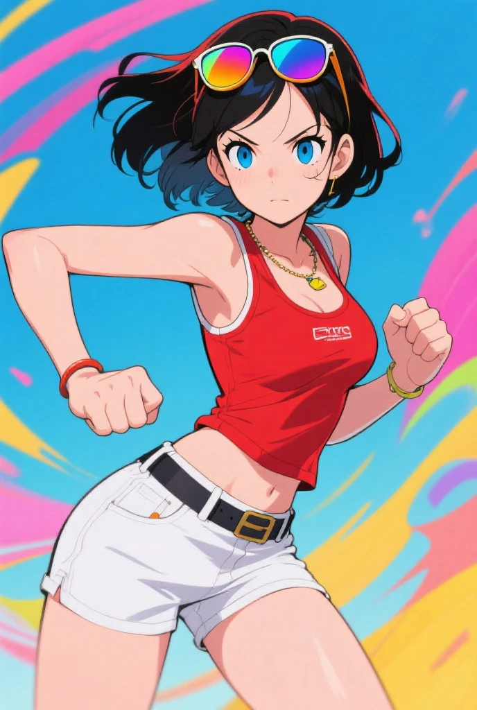 1980s,pop style,artistic,Cat headband,ass pov,dynamic angle, masterpiece,best quality, dsuper fine illustration, super detailed, dynamic angle,8K,detailed background,in live stage, BREAK a female is dancing. She is wearing a white T-shirt with a graffiti art-style cat illustration.Black Hair,Short Hair,red eyes,black hair,(lora:0.5),(full face brasched:1.3)