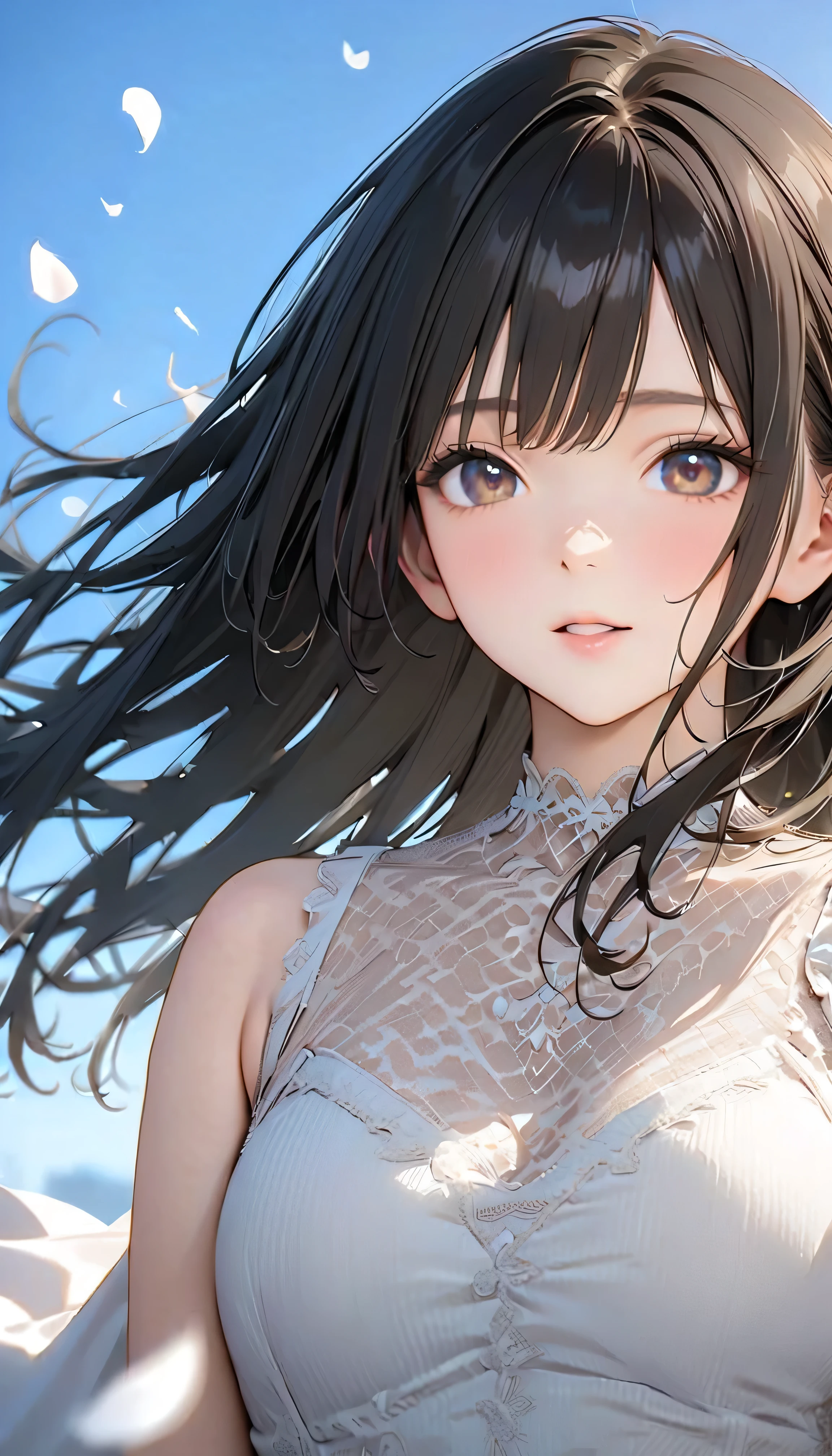 (Highest Quality:1.2, 非常にdetailsな, newest, Highest Quality, Best Aesthetics), 8K Ultra HD, 非常にdetailsな, details, bold configuration, (perfect human structure), beautiful and very delicate texture, (masterpiece:1.2, Highest Quality, Best Aesthetics, wind), (white petals dance:1.2, fantastic blue sky background:1.4), (shallow depth of field:2), windでwhite petals dance, delicate and dynamic, (Light reflection:1.2), (Halation of light:1.2), Romantic and sweet style, コンセプトアートwind, Blessed Virgin Mary white dress, bright light, Beautiful World, New World, accurate, dynamic angle, angel, 1 woman, upper body shot, black hair, , dark eyes, young, textured skin, shiny skin, charming smile, Girl Beauty , Miraculous Beauty Symbol, ((( white dress with lavish embellishments:1.2))), 2.5d, realistic