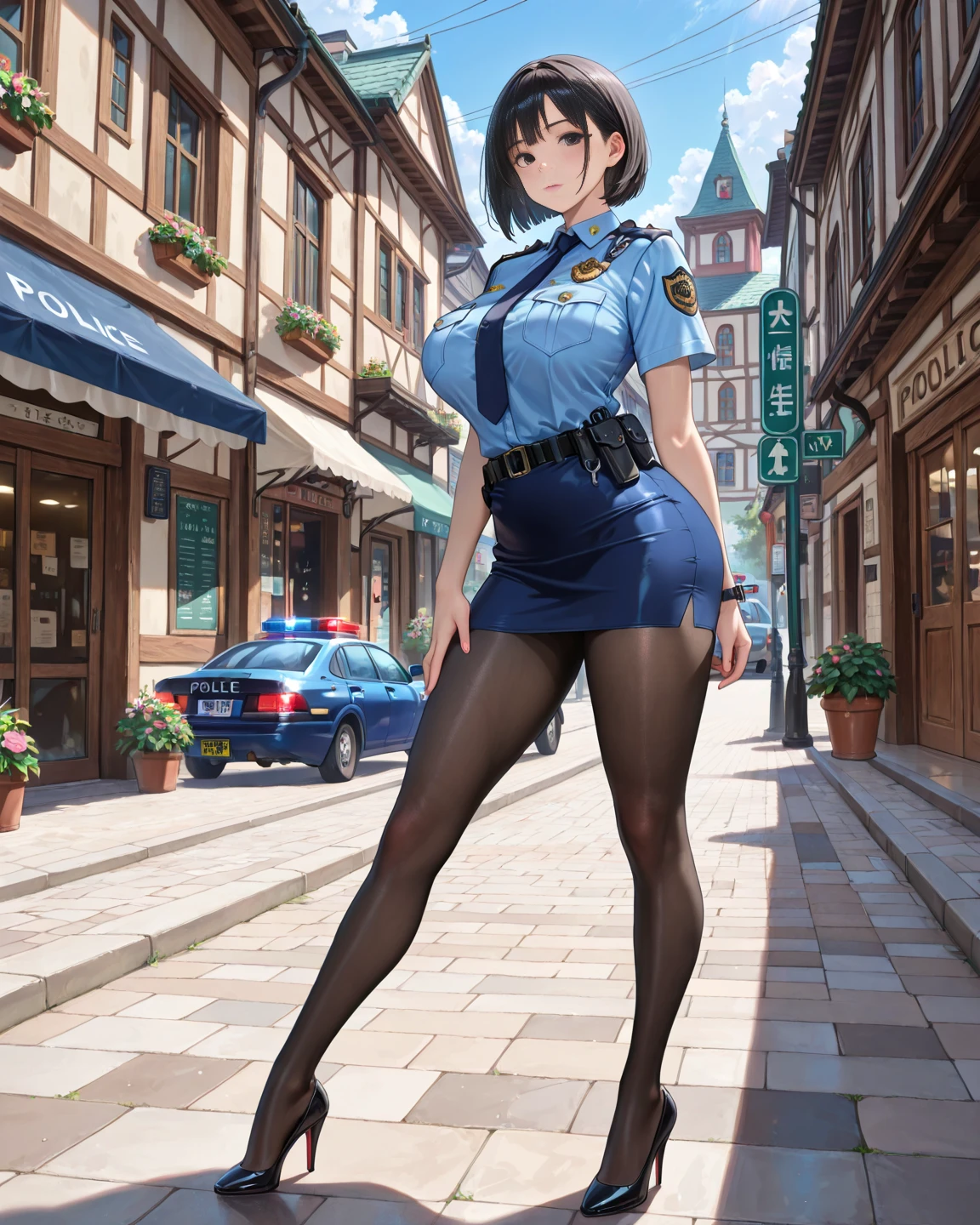 NSFW,masterpiece,Highest quality,High resolution,Very detailed,A timid woman,Police Officer,policewoman,hat,mini skirt,Pencil Skirt,pantyhose,Heel,Downtown at night,Street lamp,In town,Tour,patrol