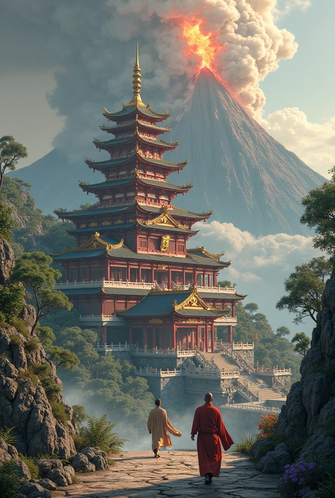 Fairy-filled，Heavenly Palace，Baiyun，Towering Nantianmen，1 egret flies over，The sun rises，1 peach tree，1 palace，hazy feeling，white smoke，There are many peaches on the peach tree，Mouthwatering，