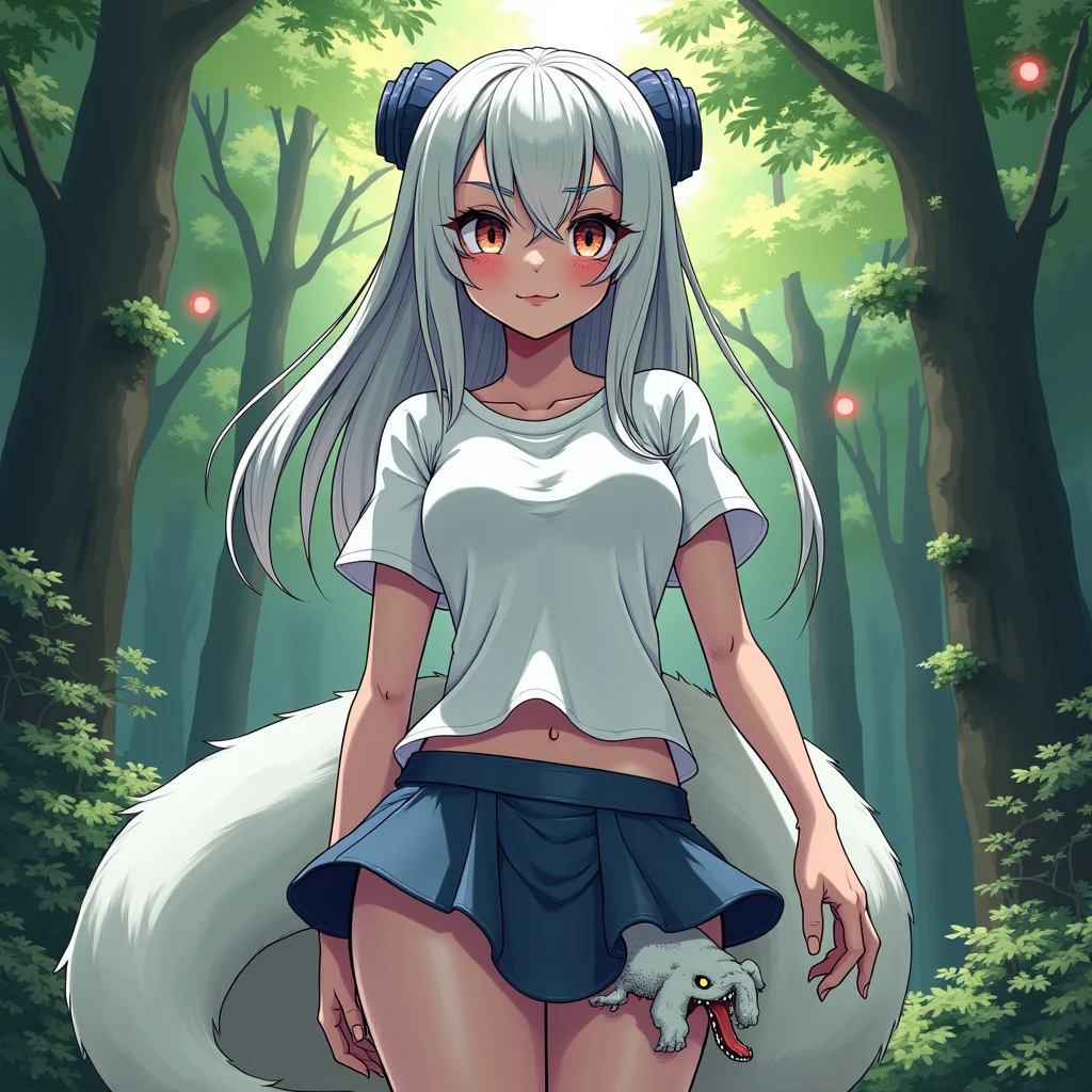 (Masterpiece, Superb Quality, Super Delicate, High Resolution), Female Focus, , (White Tiger Stripe Suit Set), Emoji Smile, (((Solo))), Full Body (White Hair), (Cat Ears), Medium Breasts, (White Hair), (Red Eyes), Wild Beauty, White Tiger Stripe Clothes, (No Bra), ((Bare Foot)), Dark Forest, Right Cat Ears, Right Tail, Ray Tracing, White Tiger Pattern, In the Forest, Primitive Style, Wild Style
