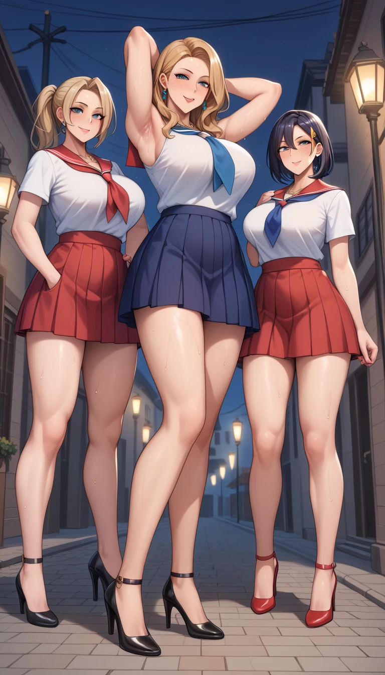 multiple girls, 3girls, standing, giantess art, highly detailed giantess shots, giantess, most detailed, perfect face, Two legs, Five fingers, short hair, A high school girl who is bigger than a skyscraper, Wearing rimless glasses, smile, huge breasts, Navy blazer, Red tie, mini skirt, black pantyhose, no shoes on, toes visible through pantyhose, Steam coming out from the soles of my feet, Peeing, urinating, seaside metropolis, numerous miniature warships on the sea, Destroying cities, Under heavy attack, A very small big city, Miniature metropolis, Full body description, GTS, giga giantess, stomping city, crash city, tiny city, micro city, pantyhose feet, High resolution, highest quality, masterpiece, 