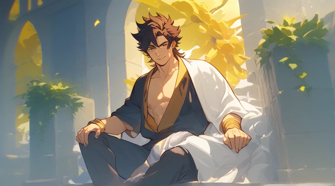 1 man，Hit the workers，Glowing stone in hand，cultivating immortals，crossedlegs，Sit cross-legged on a cushion，inside in room，Modern renovated house， Vintage style Realistic painting style