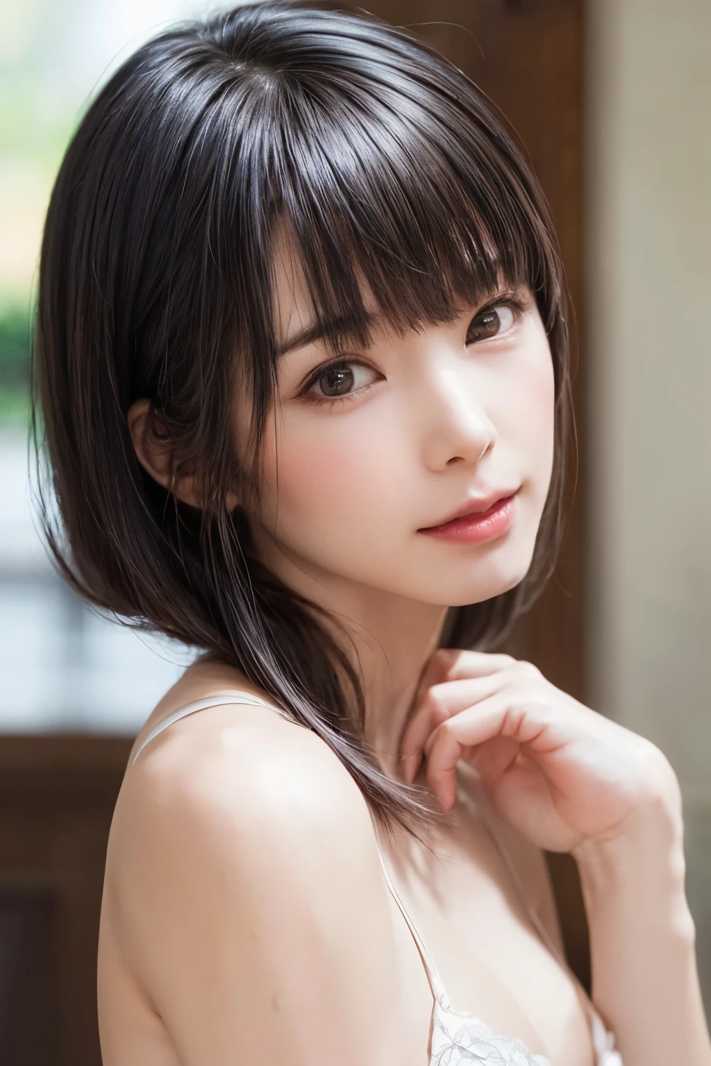 ((masterpiece, Highest quality, High resolution、Realisticですべてが美しく詳細に描かれている)), 1 person, (Realistic: 1.4), alone, White Background, snow-White Background, Mouth closed, smile, smile, Beautiful black hair, short hair, Big eyes, Transparent double eyelids, eyelash, Listen carefully, Long neck, 美しくLong neck, Absolute area, ((Face close-up)), (Draw the whole head, shoulder), 1, Attractive proportions, Glowing Skin, Beautiful clavicle, Golden ratio face, Perfect Face, Teardrop-shaped mole, chestのほくろ, bangs, clean bangs, beautiful bangs, Lip gloss, Thin lips, Fair skin, naked, Big Breasts, {Huge|big|Hugeな|Mega} chest:2, chestの谷間:2,chestの谷間を見せる、Small face, Small face, All the heads are painted, shoulder all drawn, Point slightly above the camera