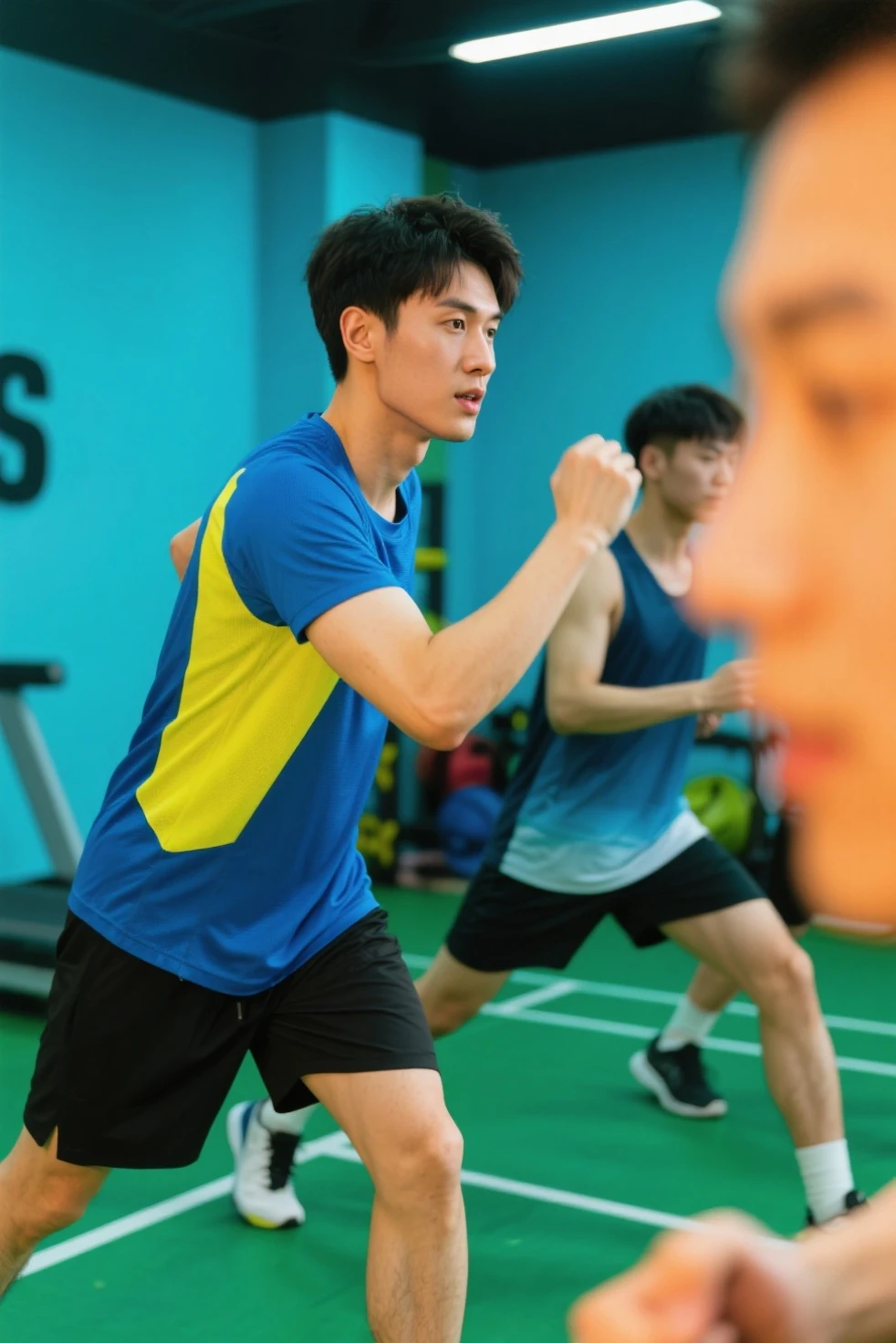 1  guy, jumping ,full body, skinny thin body, Korean  guy 18 years old, badminton player at court, jumping to hit a badminton, shirtless, wearing a transparent white underwear,handsome face, **among many audiences **, sunshine day, professional paparazzi photo 