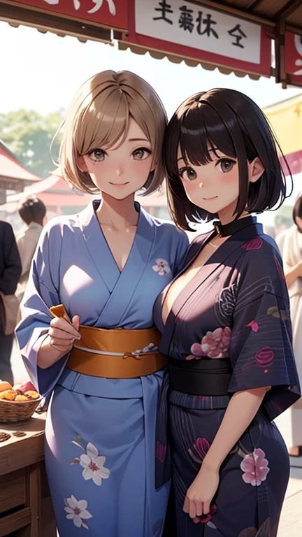 (perfect anatomy:1.2)(absurdres, highres, ultra detailed),masterpiece,best quality,high resolution,8k,Realistic face,Realistic skin texture,magnified textures, stunning clarity,detailed anime girl,(ultra detailed eyes and face),(14 years old:1.2),(baby face:1.2),japanese girl,floral printed blue yukata,、(very short hair, two side up:1.4)、tareme,light brown hair:1.2,kanzashi、glamor、short stature、、(bust up:1.4),Steampunk in the Edo Period、(Vivid hieroglyph signs and street advertisements:1.2)、busy、(worried1.4),、hieroglyph,souk、Shopping Street、,(tanned skin:1.3 ),big breasts,look up viewer,round face,Shoulder Bare,(from front:1.2),(cleavage cutout)