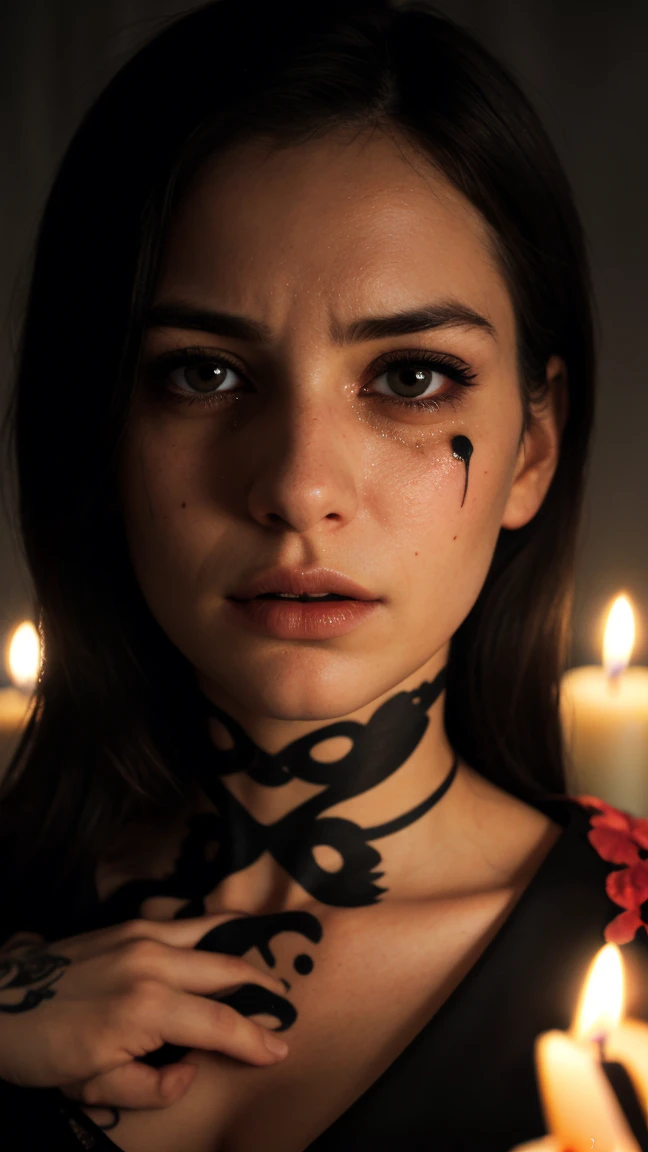 lora_sarafyan_girl, a woman with a scarlet red dress and a necklace, red eyeshadows, with symmetrical facial features, medium closeup,