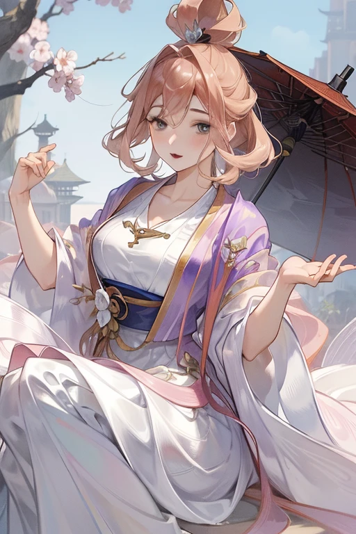 Masterpiece, best quality, night, full moon, 1 girl, mature woman, Chinese style, ancient China, elder sister, imperial sister, smile, brown hair, princess cut, single Fried Dough Twists braid, coiled hair, double ball head, light pink lips, calm, intellectual, middle hair, green pupil, hairpin, hydrangea,