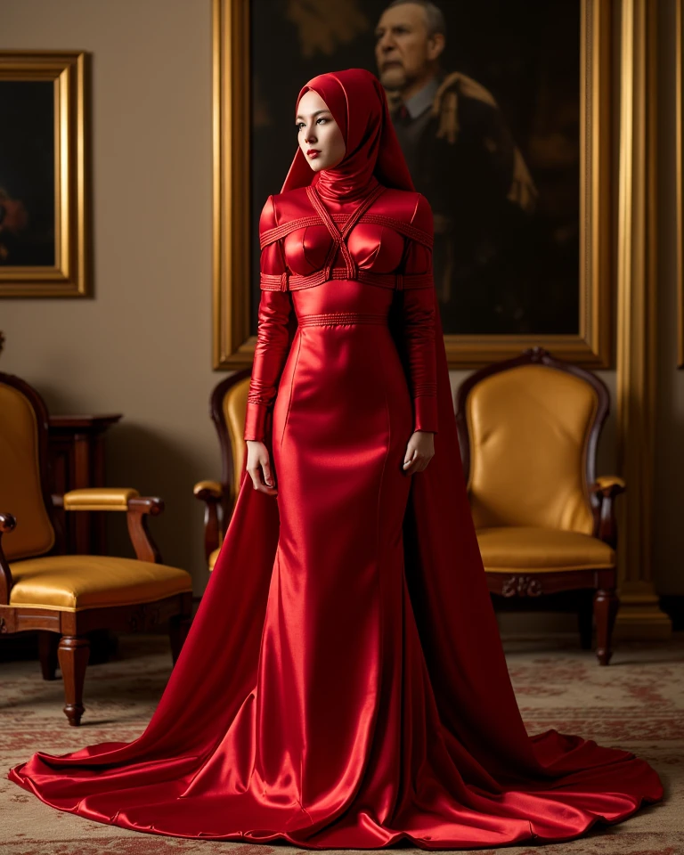 An malay woman in glamorous mermaid evening dress, long ballon sleeve bolero, long satin scarf wrapped around her arms, wear jewellery, wear modern satin hijab, entirety of fabric over botom dress about 7 meters in length trailing dramatically, glamours style, overlong dress train, extreme detail on the texture of the fabric, wear high heels, sexy random pose in crowded place, dramatic lighting, ultra realistic, high-resolution photography.