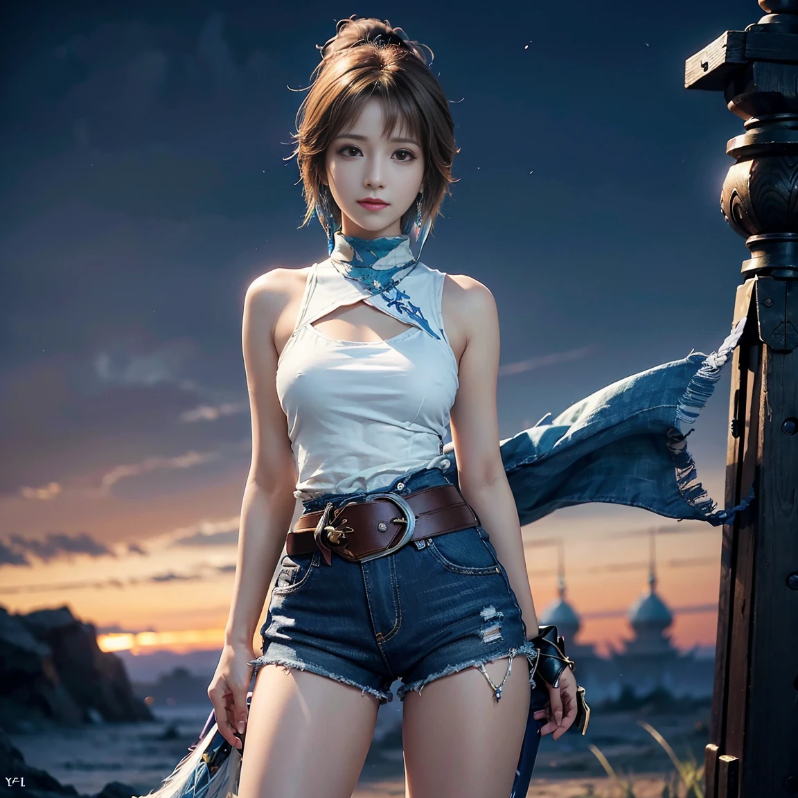 4K,1little girl、Denim Bikini、masutepiece, hight resolution, ultra-detailliert), 1 female, 28 years old, Final Fantasy Yuna x2, More mature, ((Simple background)), Plain dark background, ((There is nothing in the background)), hyper realisitic, Yuna's Final Fantasy Costume, Yuna's original costume design in Final Fantasy X2, (((nffsw://www.Creative Uncut.。.。.com/Gallery-01/FF10 - 2 - Yuna 2...html))), Tattered Exposed Denim Shorts, Features of asymmetrical clothing, Belt on the left hip, Simulation of the best clothes, No collar, 1womanl, Windy nights, Yuna's Bob Hairstyle, busty, cleavage, middle_Breast, thicc body, Smile, Lack of hanging sleeves,, up close shot, full frontal shot, zoomed in shots, Visit HIPS Imagescope, Smile with closed mouth, head to waist, Characters looking at the camera, looking at you, YunaFFX, blue-beaded earring