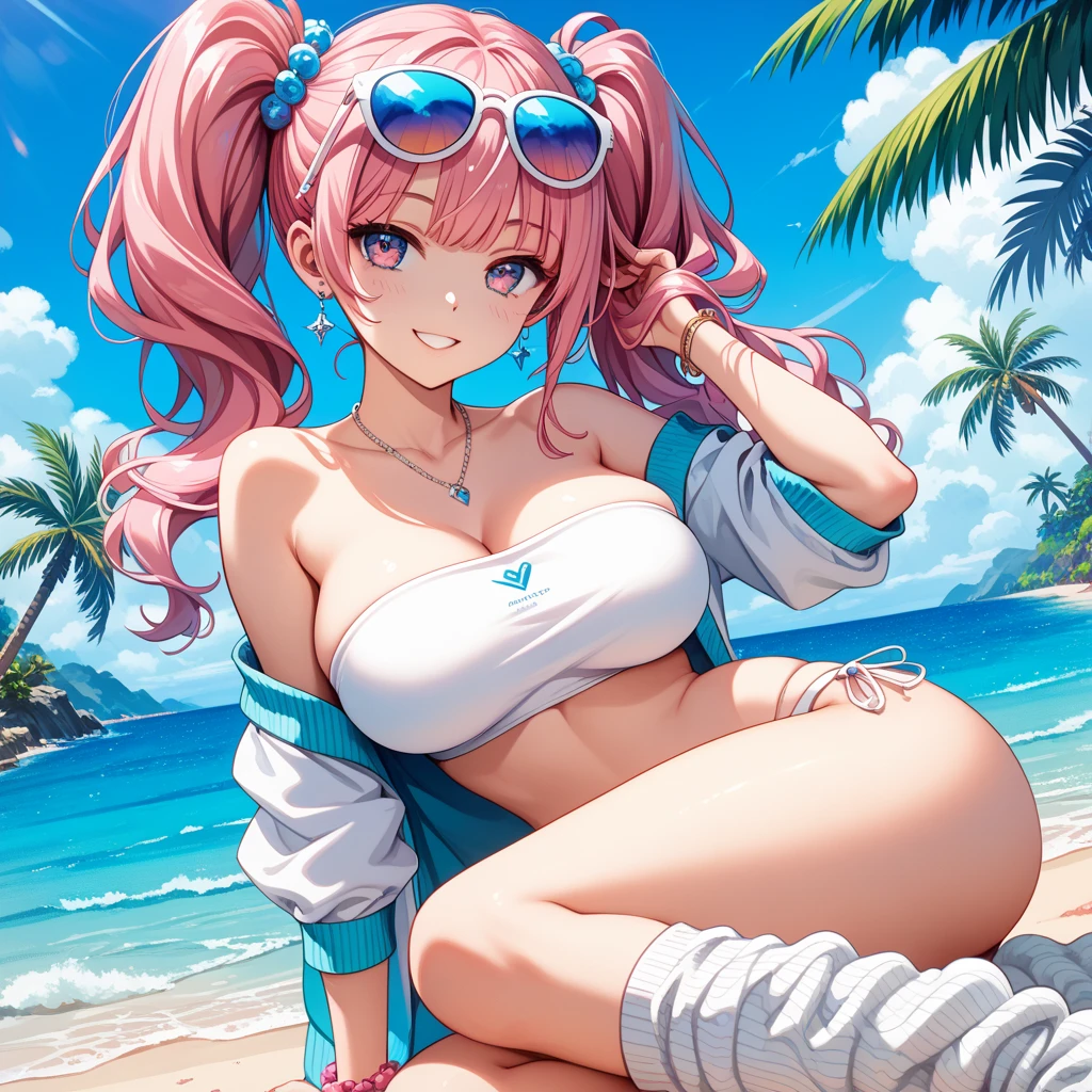 (masterpiece, highest quality:1.2), 1 girl, Cat ear, pink hair, big breasts, choker, timid, blush, Yellow shorts, purple crop top, from the front, Ocean, smile, Fold your hands in front of your body、tops are wet