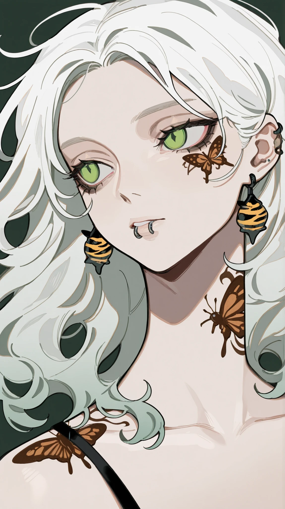 masterpiece, best quality, amazing quality, newest, very aesthetic, 1girl,Image is a digital illustration featuring a stylized portrait of a person with short, wavy white hair and light skin. The subject has striking green eyes and a confident expression, accentuated by a small beauty mark below the left eye. The person is adorned with several tattoos, including a butterfly on the neck and the word 'paradise' in elegant script. A bee tattoo is visible near the collarbone. The subject wears a lip piercing and a bee-shaped earring. The background is a solid dark green, providing contrast to the subject's light hair and skin tones. The overall style is modern and vibrant, with a focus on bold lines and vivid colors.