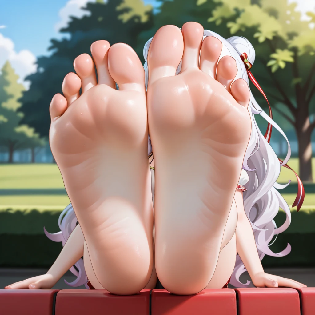 1girl, extremely long soles, extremely long feet, ghost, pale skin, black hair and bangs, red eyes
