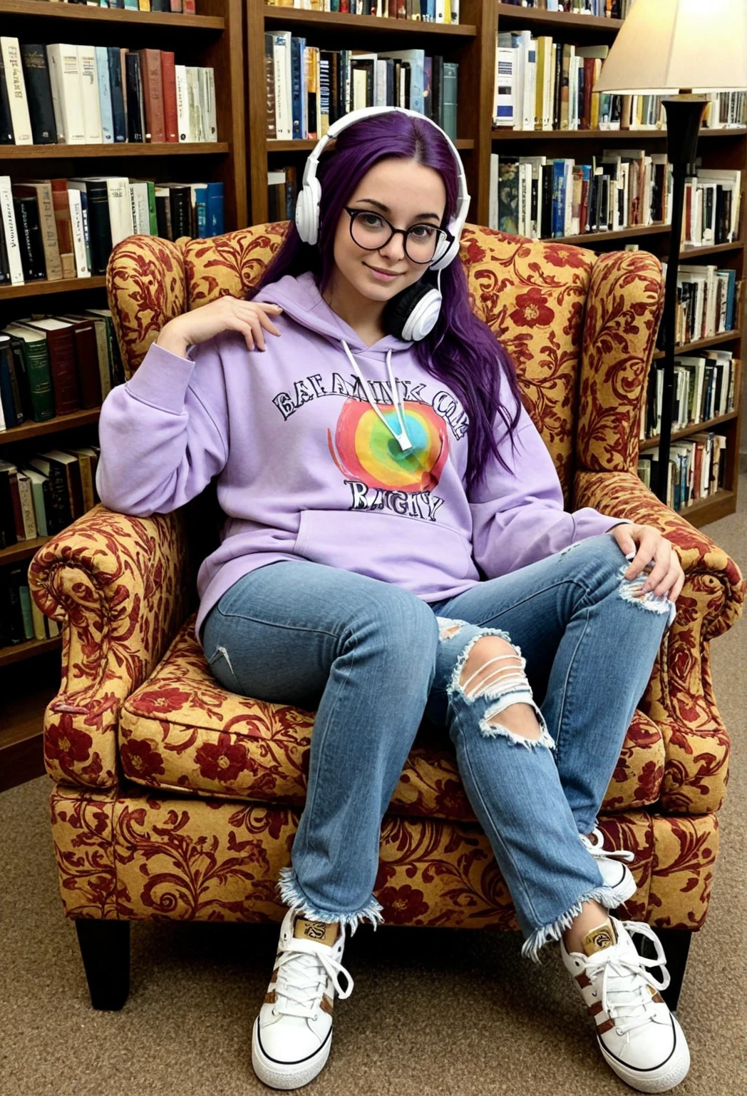 gritty raw photo of {beautiful young busty woman, 20 years old, long brown hair with colorful (violet, pink and blue) streaks, bright gray eyes}, [[sitting on the steps of an old library, wearing a navy blue cardigan, white blouse, khaki pants, and brown loafers, holding a closed book in her lap and looking thoughtful]], [[background shows the library entrance with large wooden doors, stone columns, and a sense of academic atmosphere]], fully covered, hyperrealism, 8K UHD, realistic skin texture, flawed skin, shot with Canon EOS 5D Mark IV, highly detailed, masterpiece
